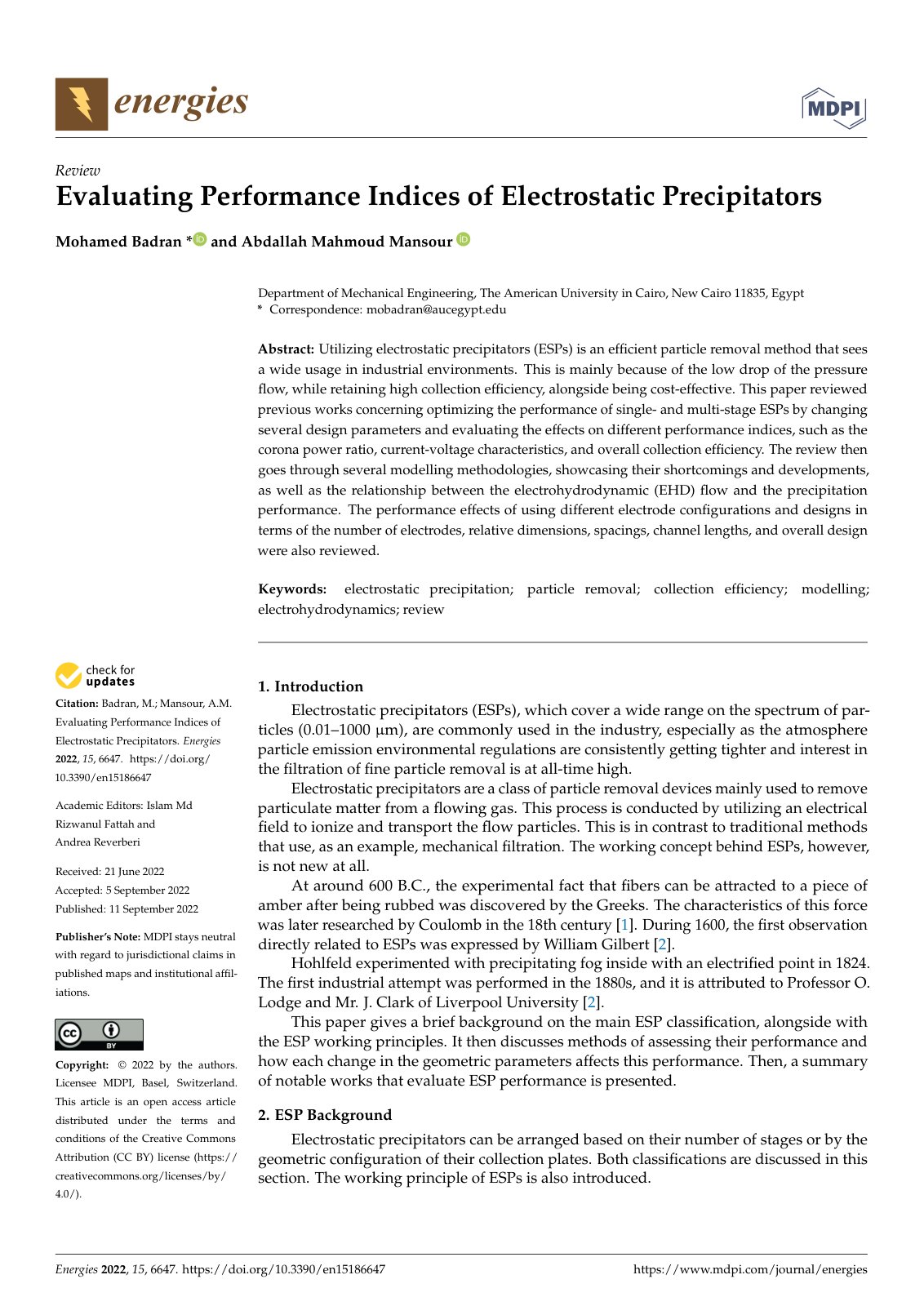 First page of Evaluating Performance Indices of Electrostatic Precipitators