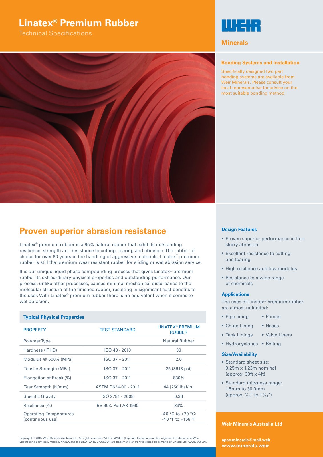 First page of AU0805 Linatex Premium Rubber Spec Sheet 052017 PREVIEW