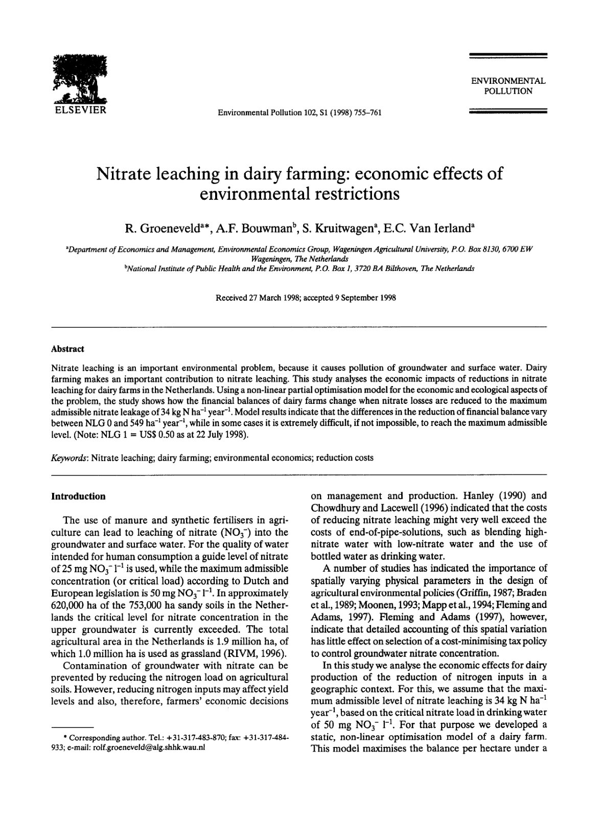 First page of Nitrate leaching in dairy farming econom