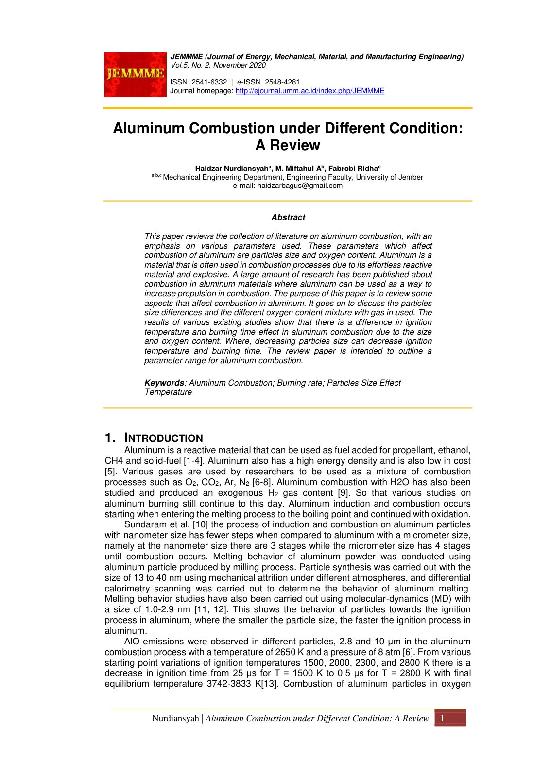 First page of Aluminum Combustion under Different Condition: A Review