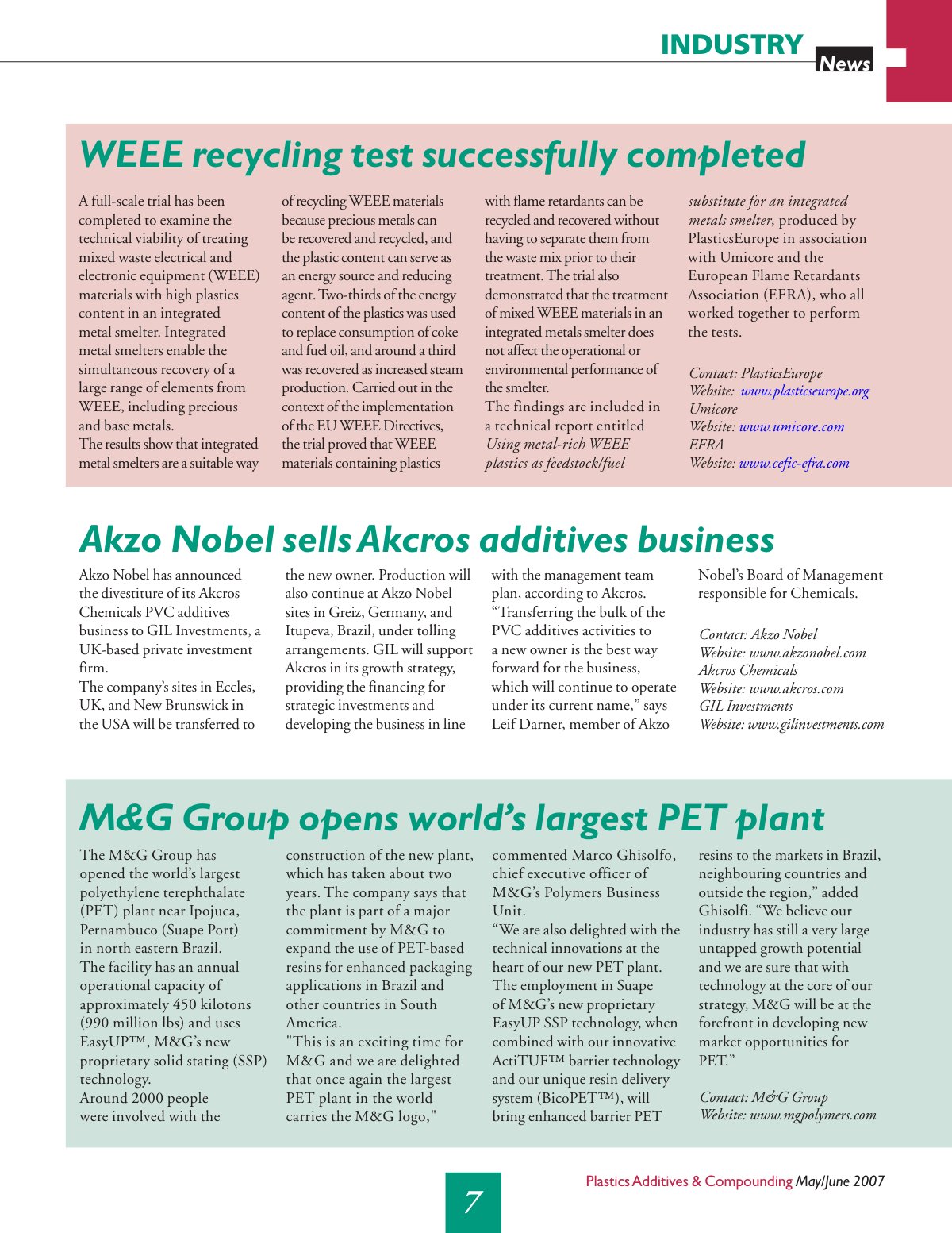 First page of WEEE recycling test successfully comple 2007 Plastics  Additives and Compoun