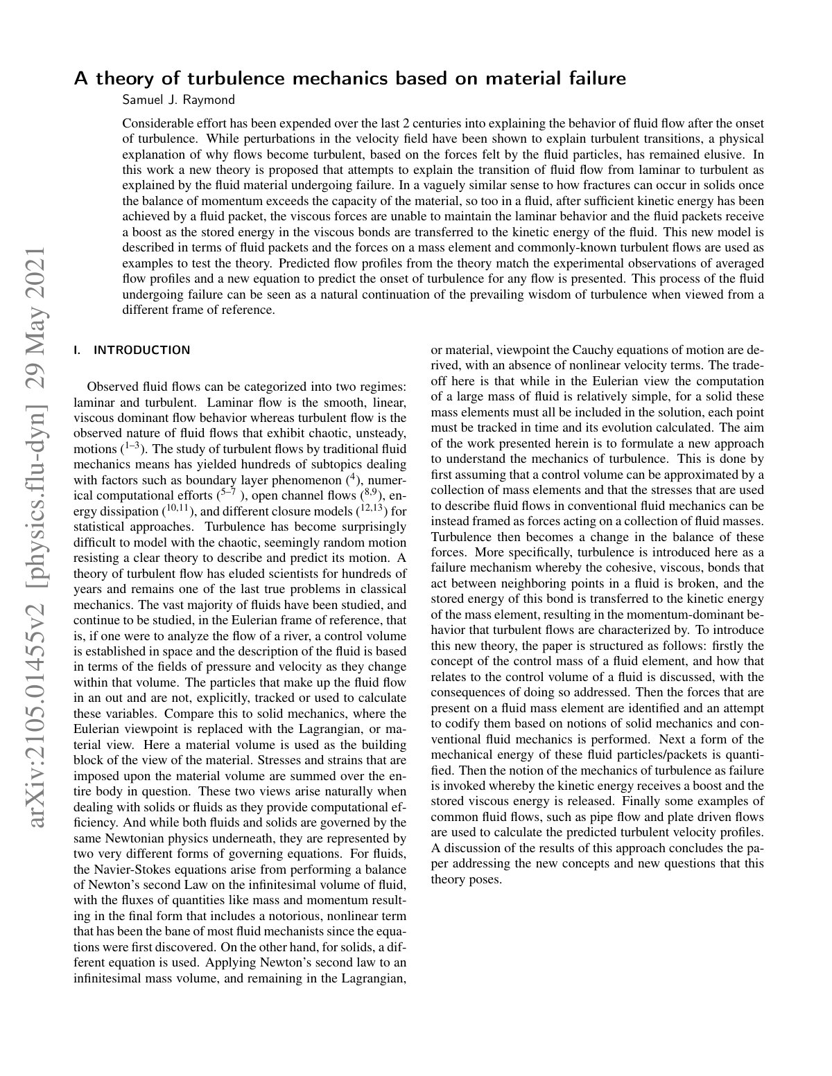 First page of A theory of turbulence mechanics based on material failure