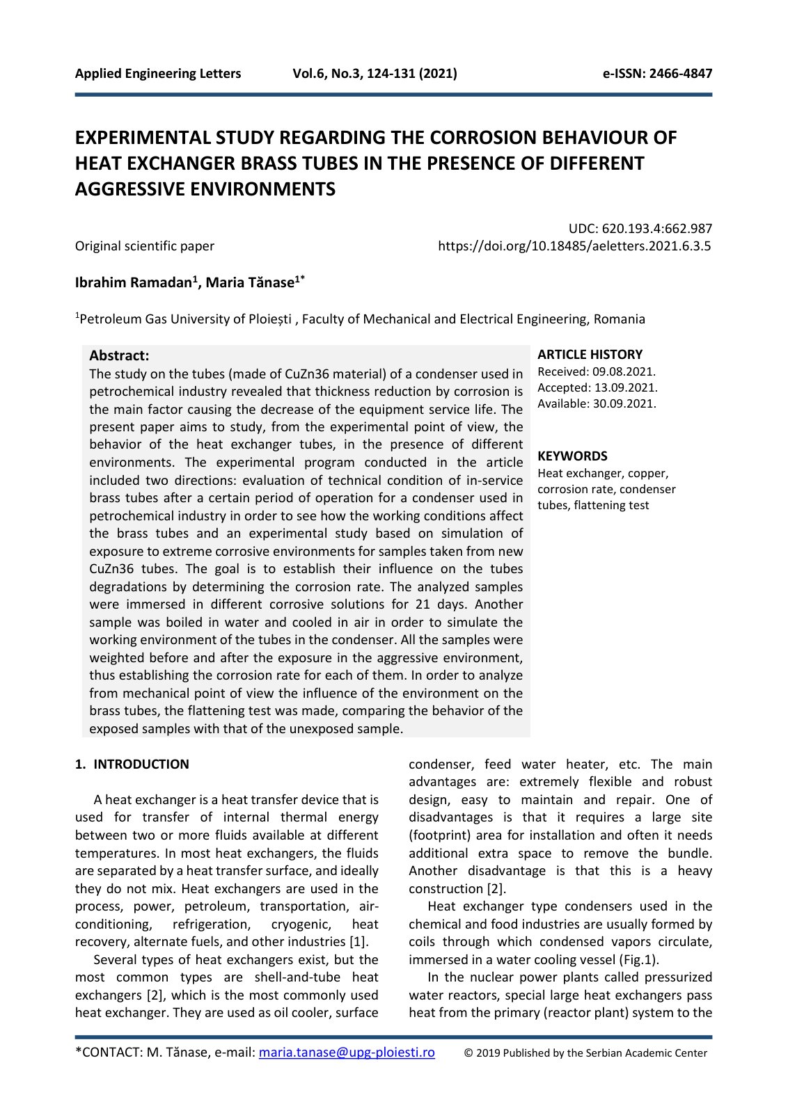 First page of EXPERIMENTAL STUDY REGARDING THE CORROSI