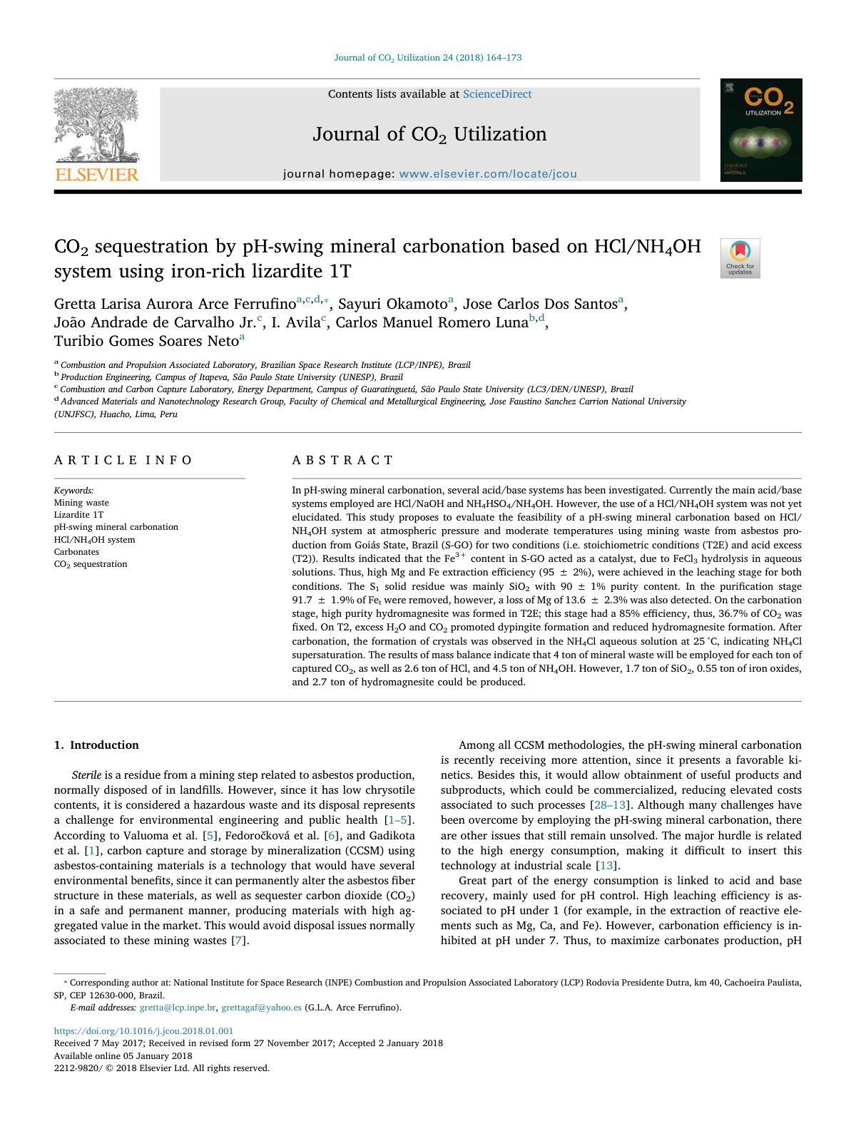 First page of CO2 sequestration by pH swing mineral ca
