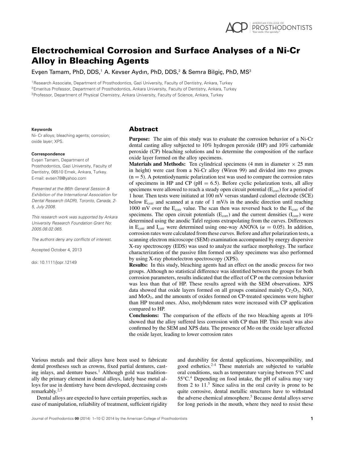 First page of Electrochemical Corrosion and Surface Analyses of a Ni-Cr Alloy in Bleaching Agents