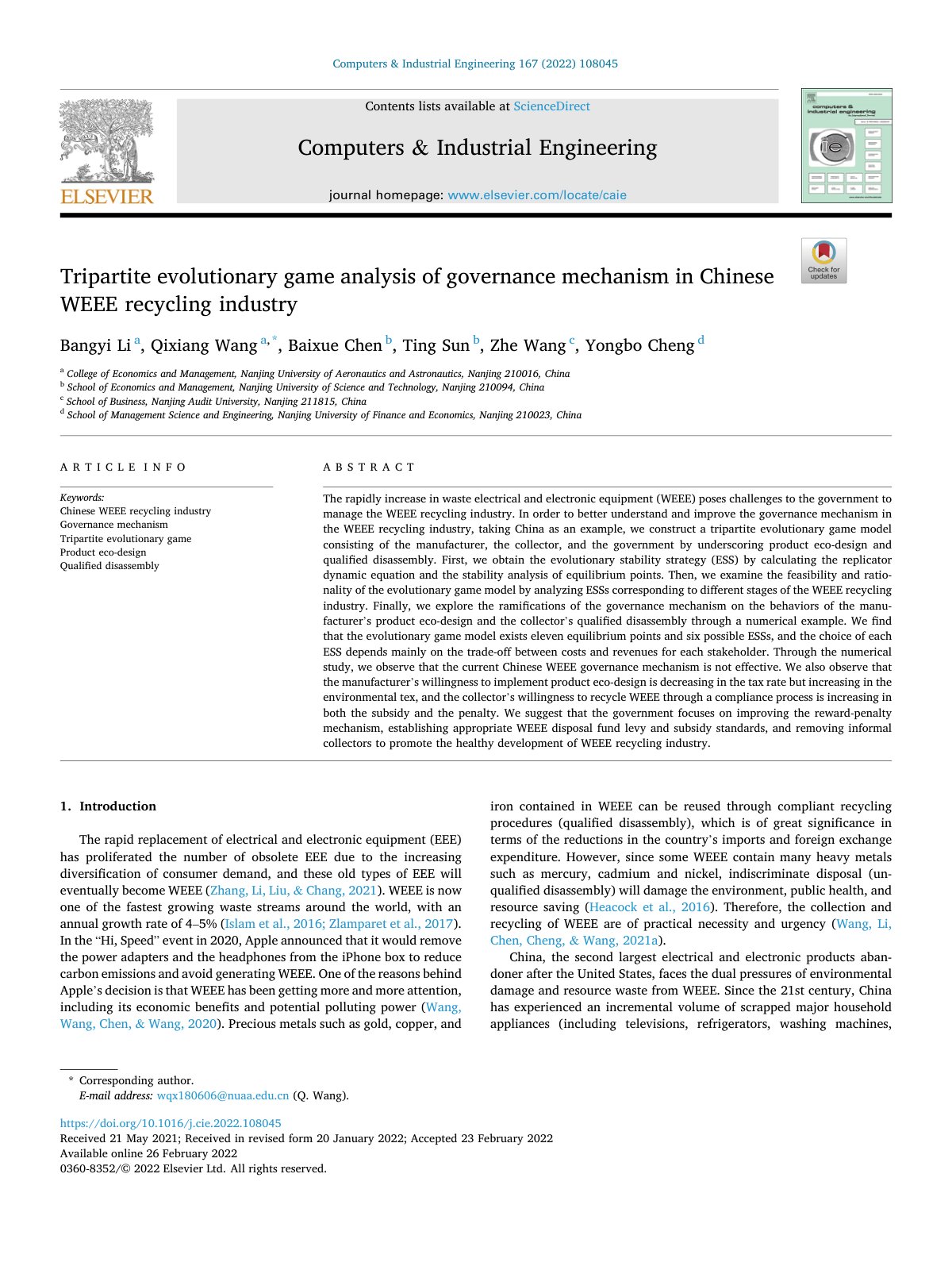 First page of Tripartite evolutionary game analysis of governance  2022 Computers   Indust