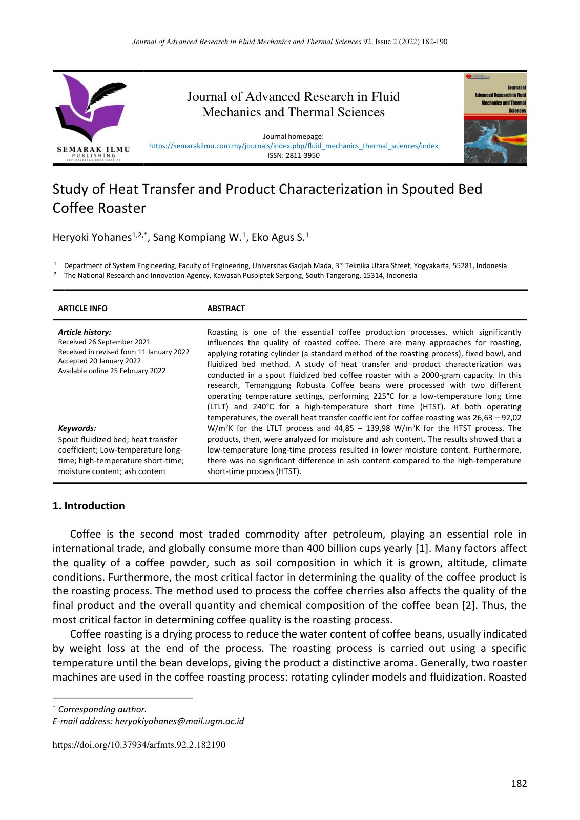 First page of Study of Heat Transfer and Product Characterization in Spouted Bed Coffee Roaster