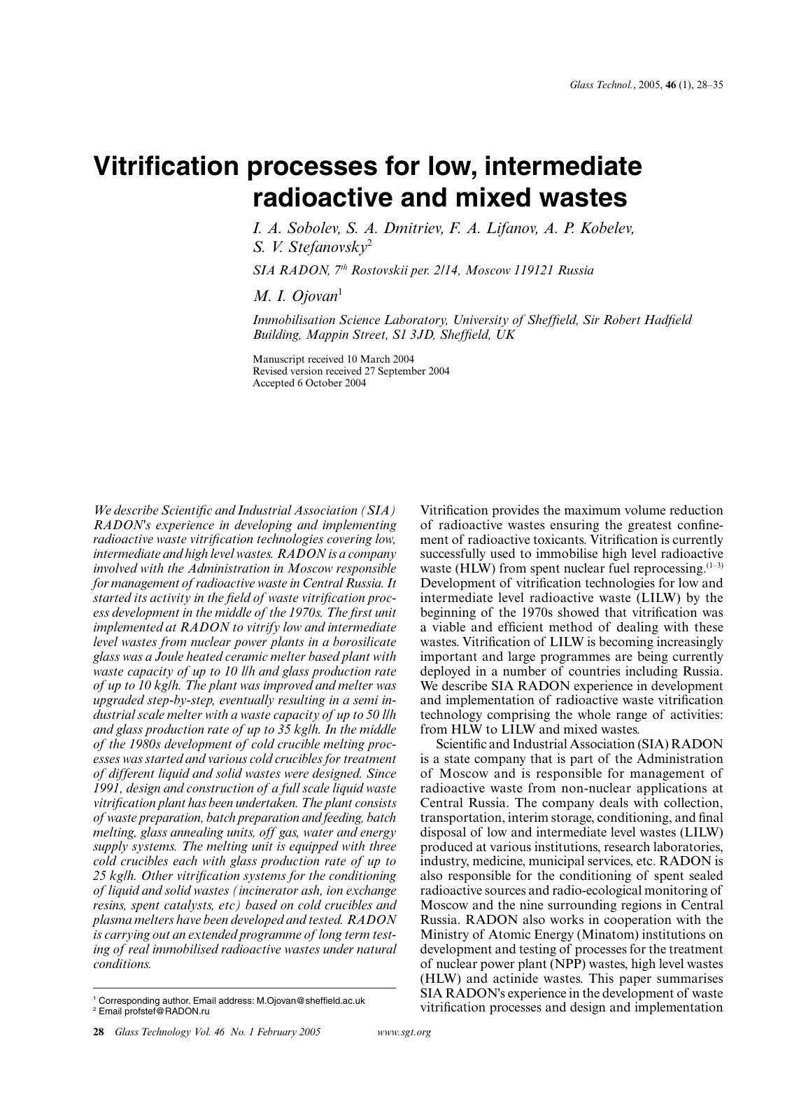 First page of Vitrification Processes for Low Intermed