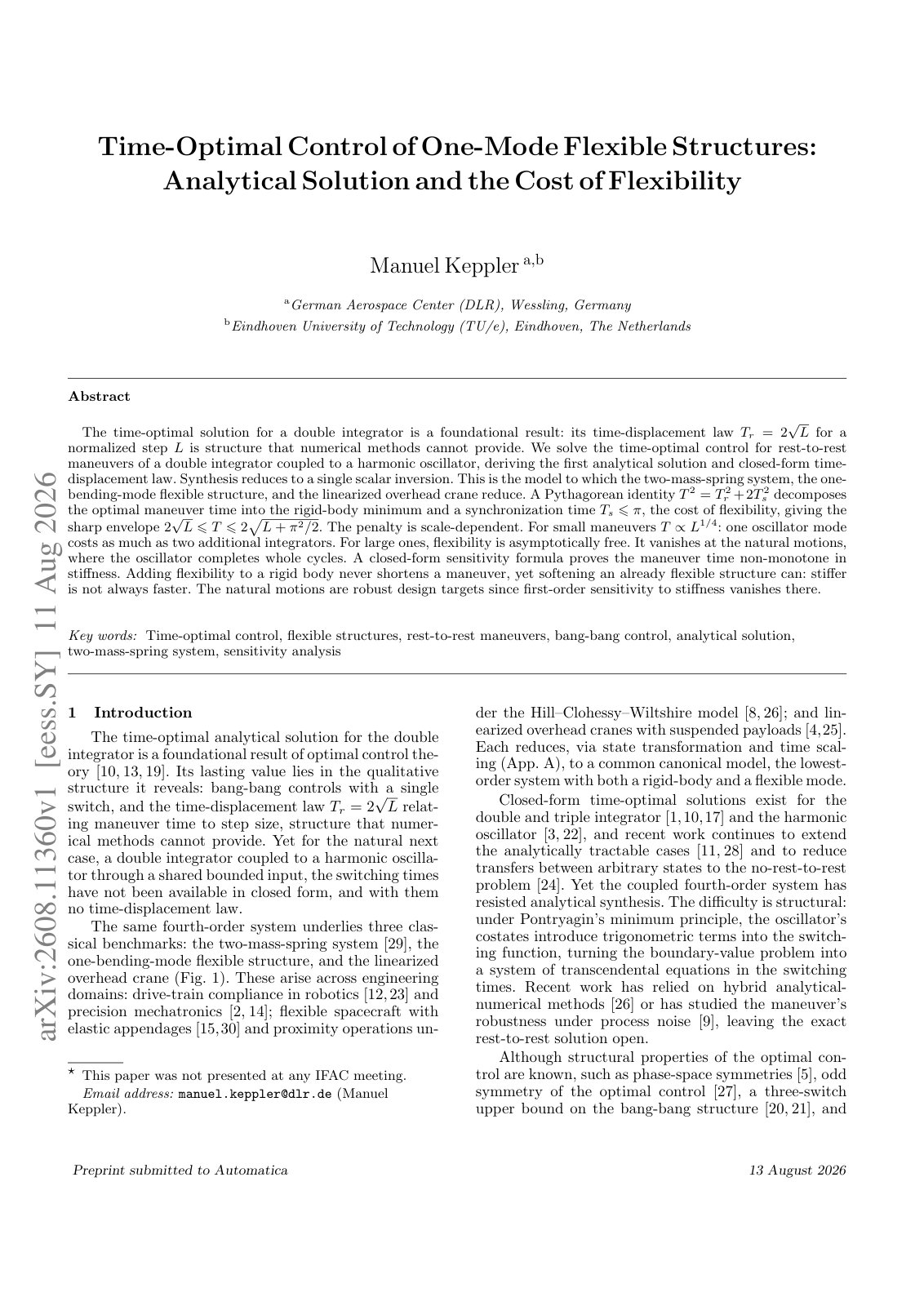 First page of Time-Optimal Control of One-Mode Flexible Structures: Analytical Solution and the Cost of Flexibility