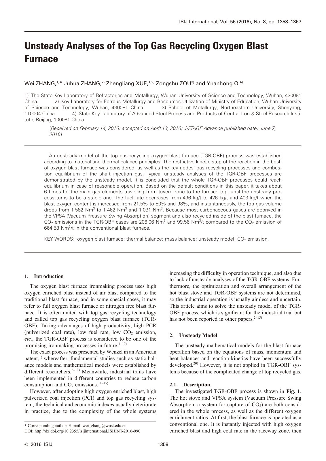 First page of 2016 Zhang We Unsteady Analyses of the Top Gas Recycling Oxygen Blast Furnace isijinternational.isijint 2016 090
