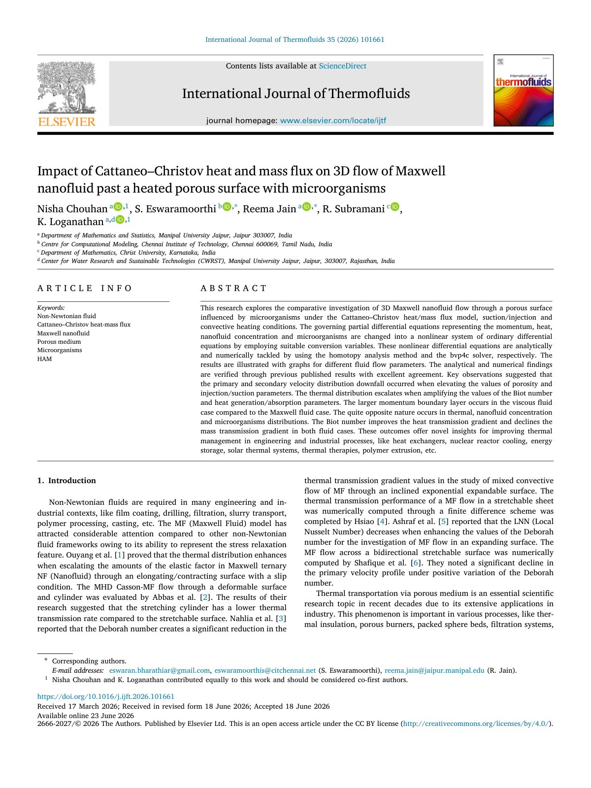 First page of Impact of Cattaneo Christov heat and mass flux on 3D fl 2026 International J