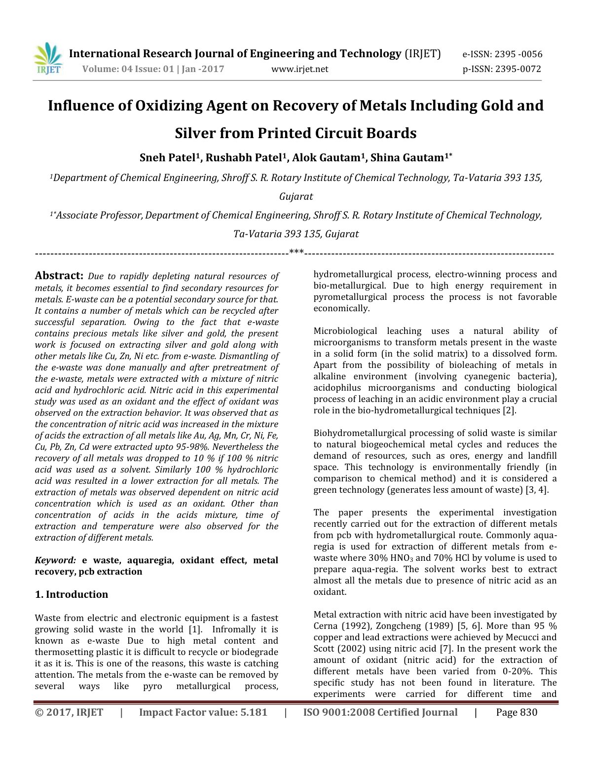 First page of IRJET Influence of Oxidizing Agent on Re