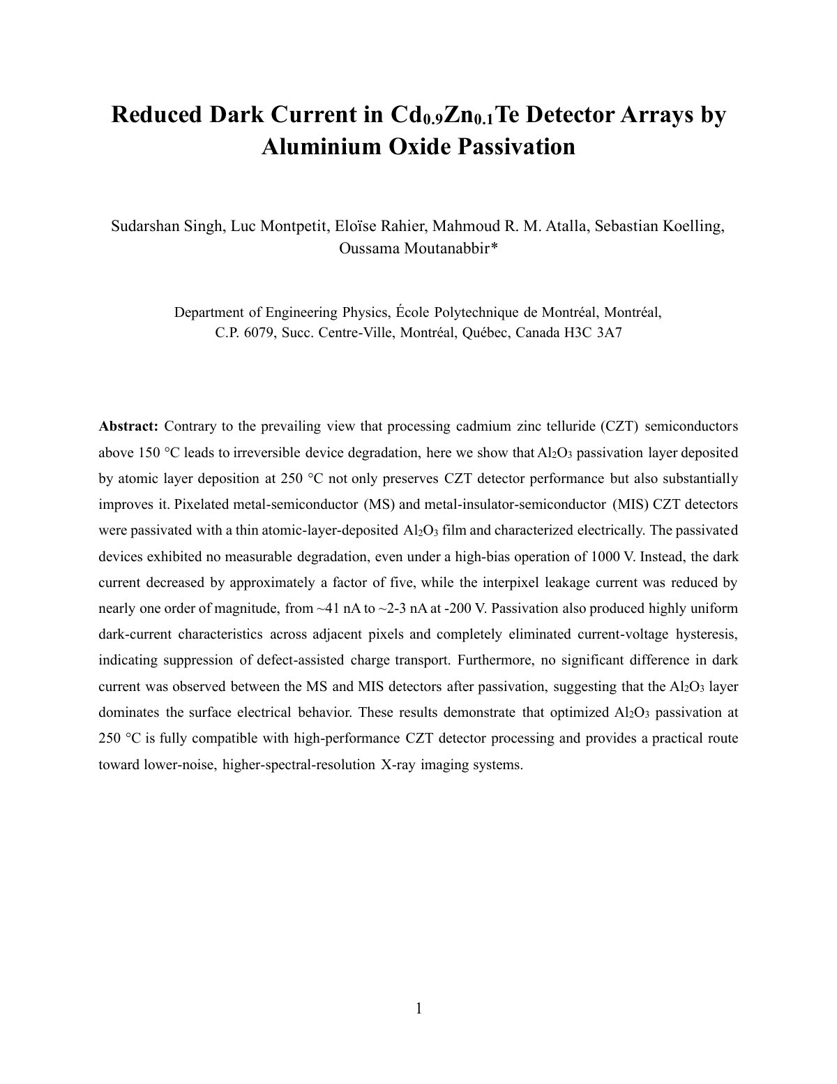 First page of 2026 Singh CZT Detector Array Passivation