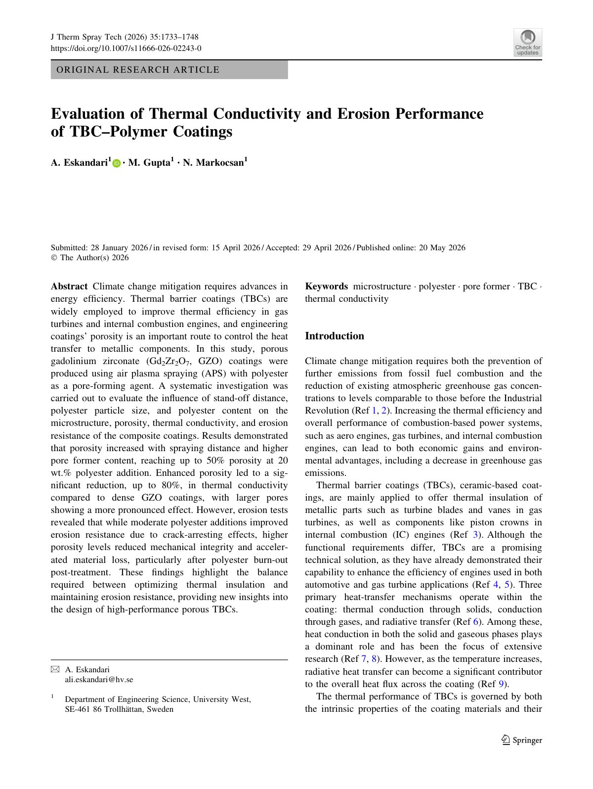 First page of Evaluation of Thermal Conductivity and Erosion Performance of TBC–Polymer Coatings