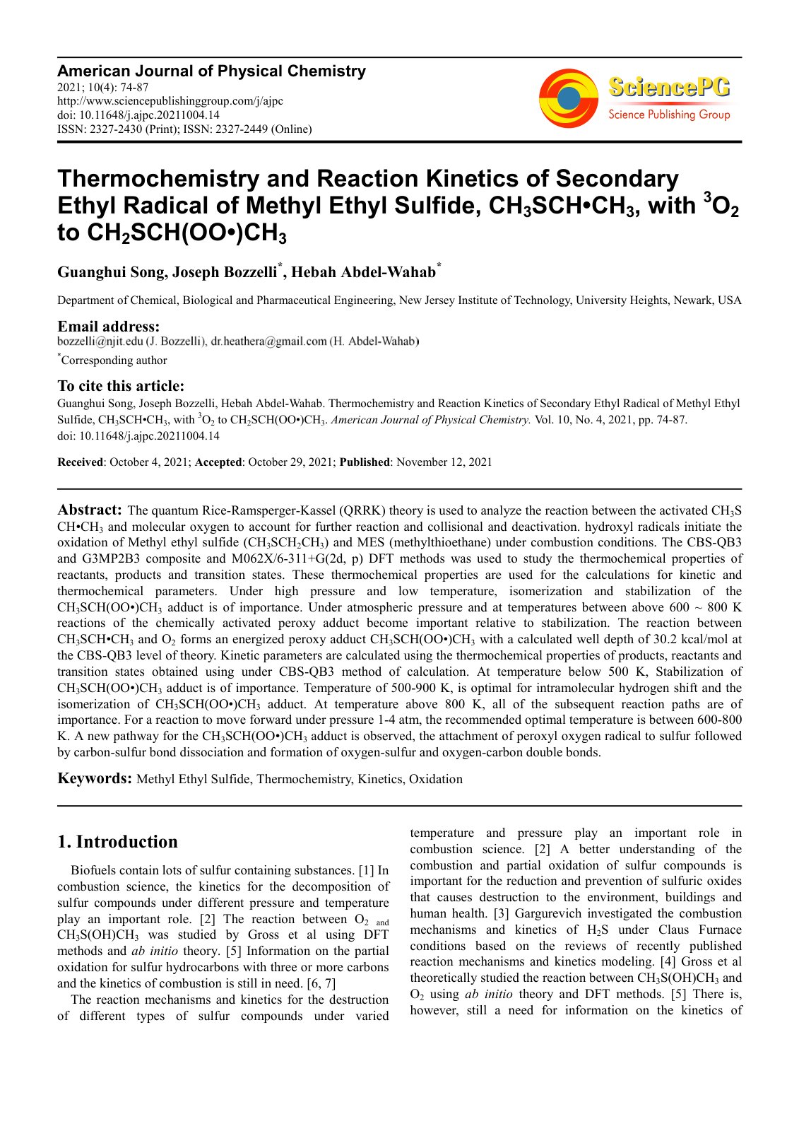 First page of Thermochemistry and Reaction Kinetics of Secondary Ethyl Radical of Methyl Ethyl Sulfide, CH3SCH•CH3, with 3O2 to CH2SCH(OO•)CH3
