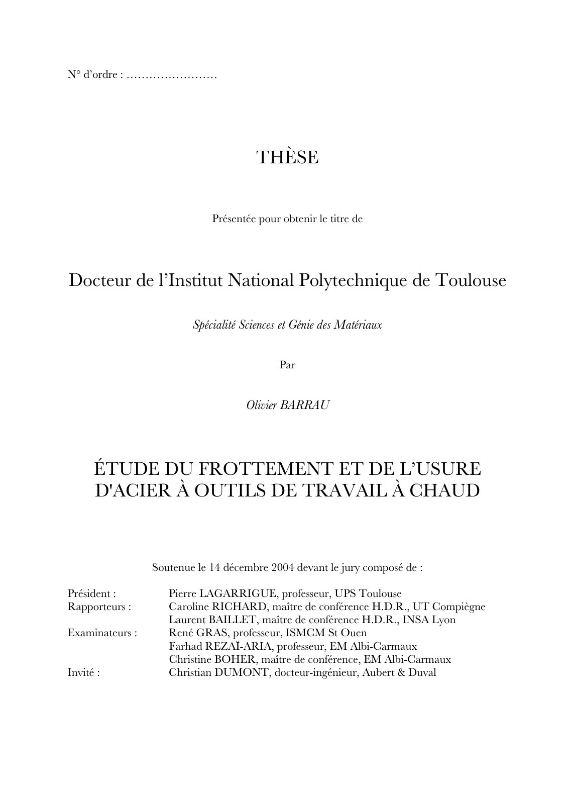 First page of ETUDE DU FROTTEMENT ET DE LUSURE DACIER