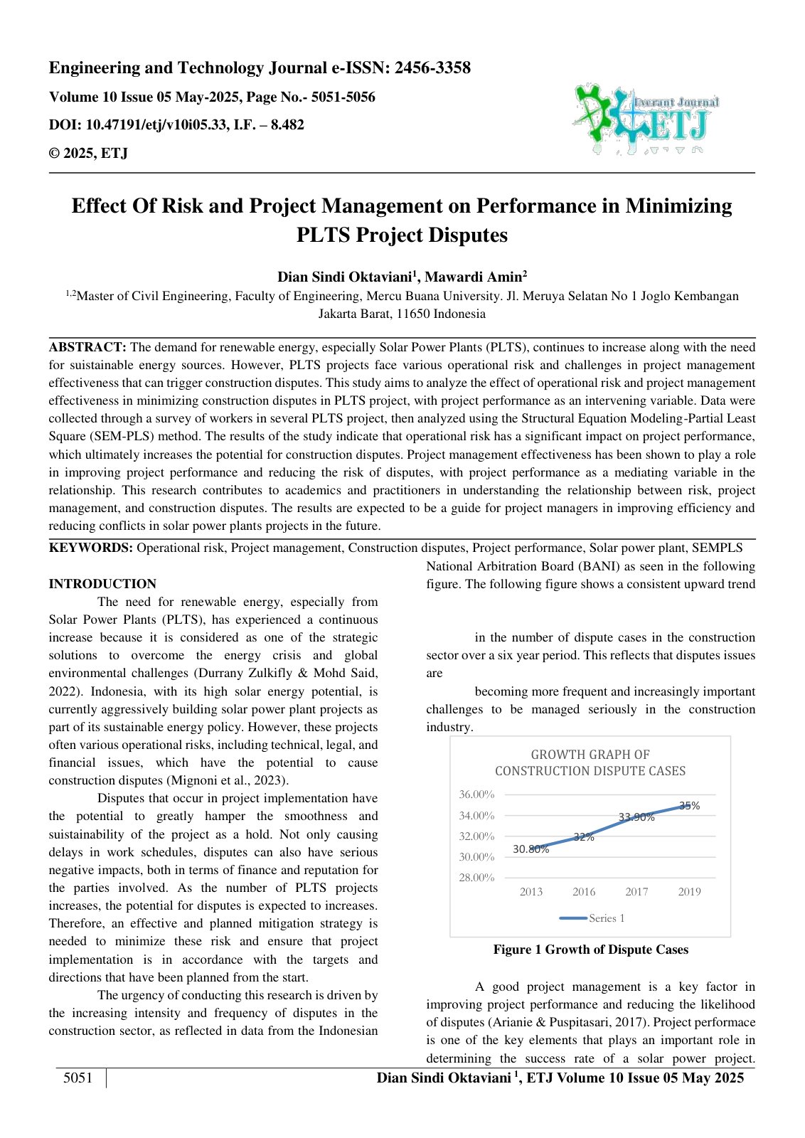 First page of Effect Of Risk and Project Management on Performance in Minimizing  PLTS Project Disputes  