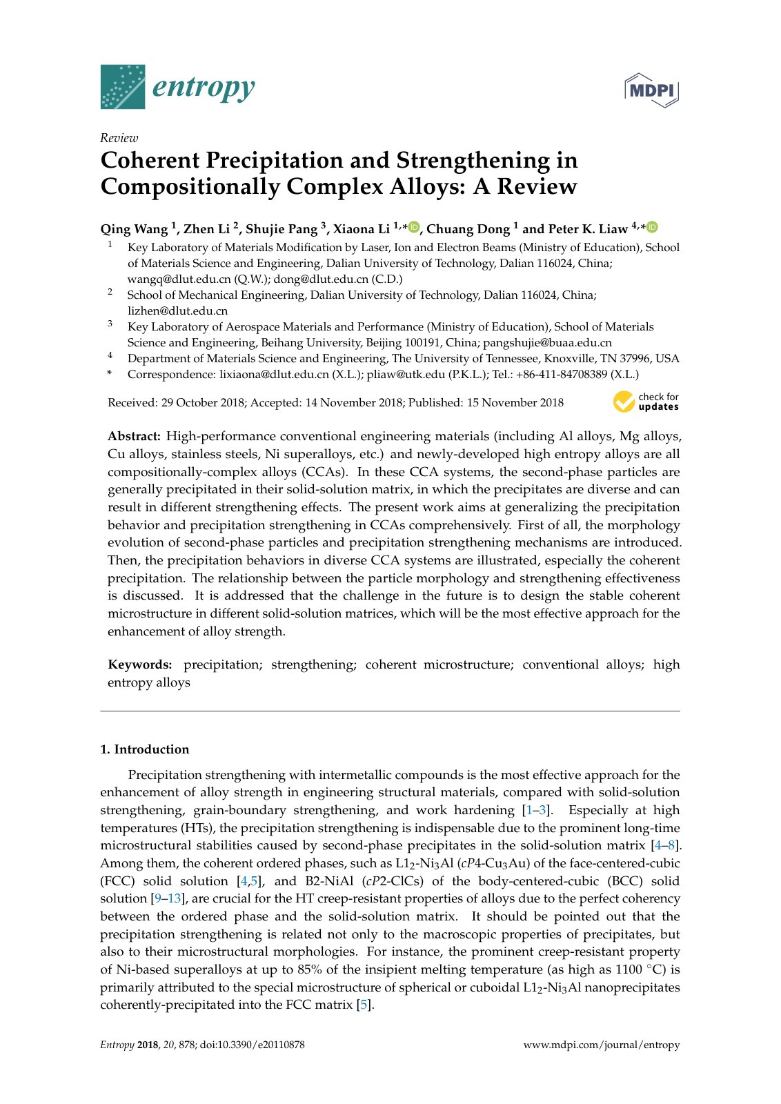 First page of Coherent Precipitation and Strengthening in Compositionally Complex Alloys: A Review