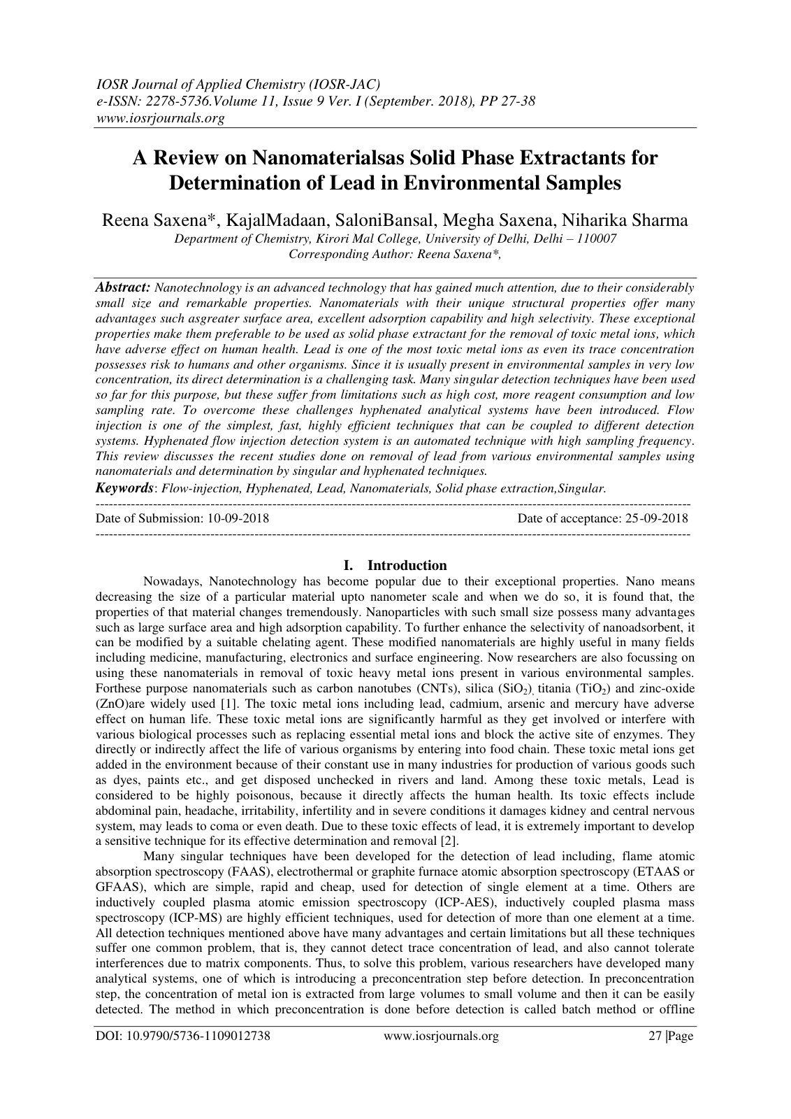 First page of A Review on Nanomaterialsas Solid Phase