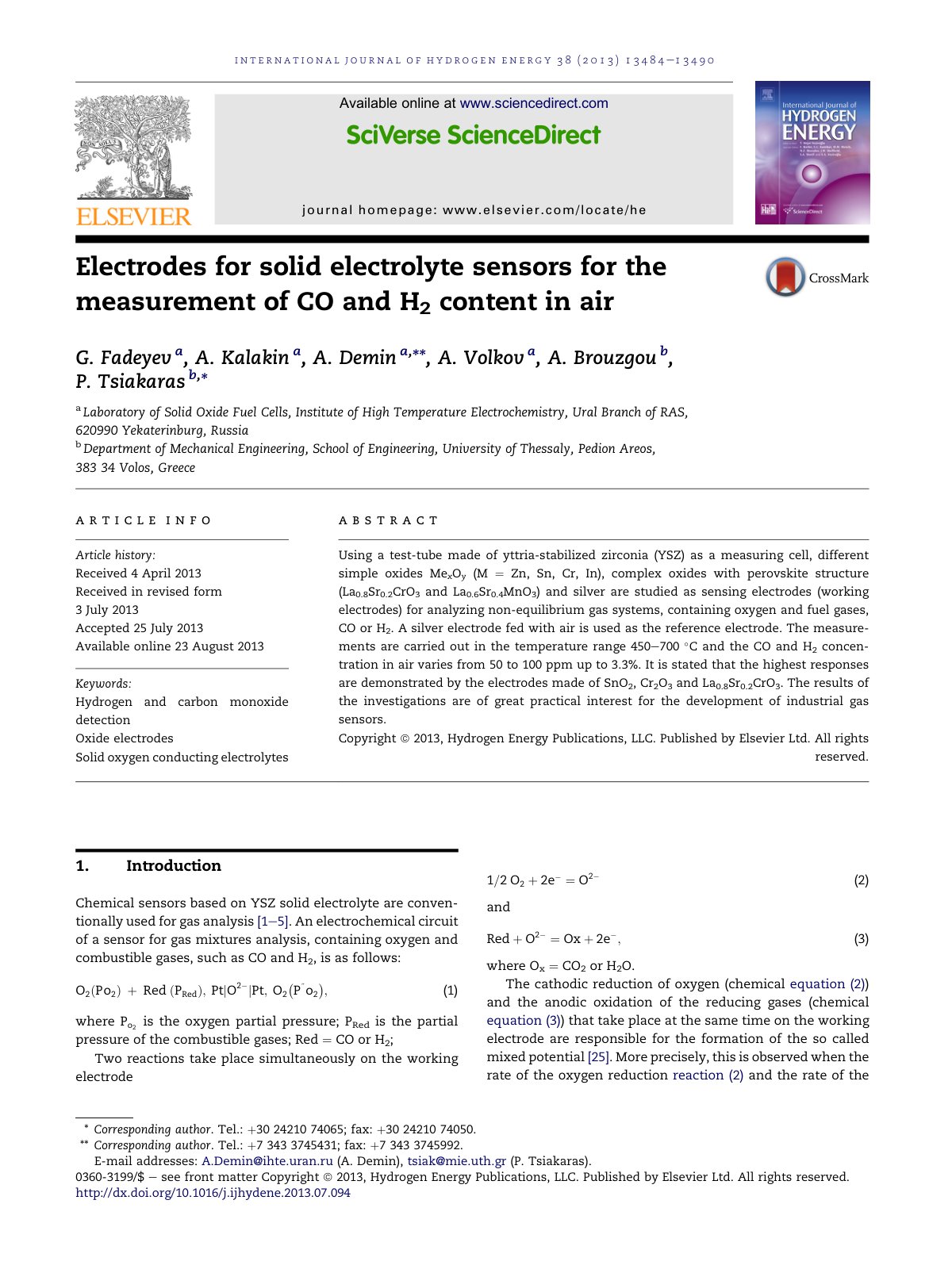 First page of Electrodes for solid electrolyte sensors