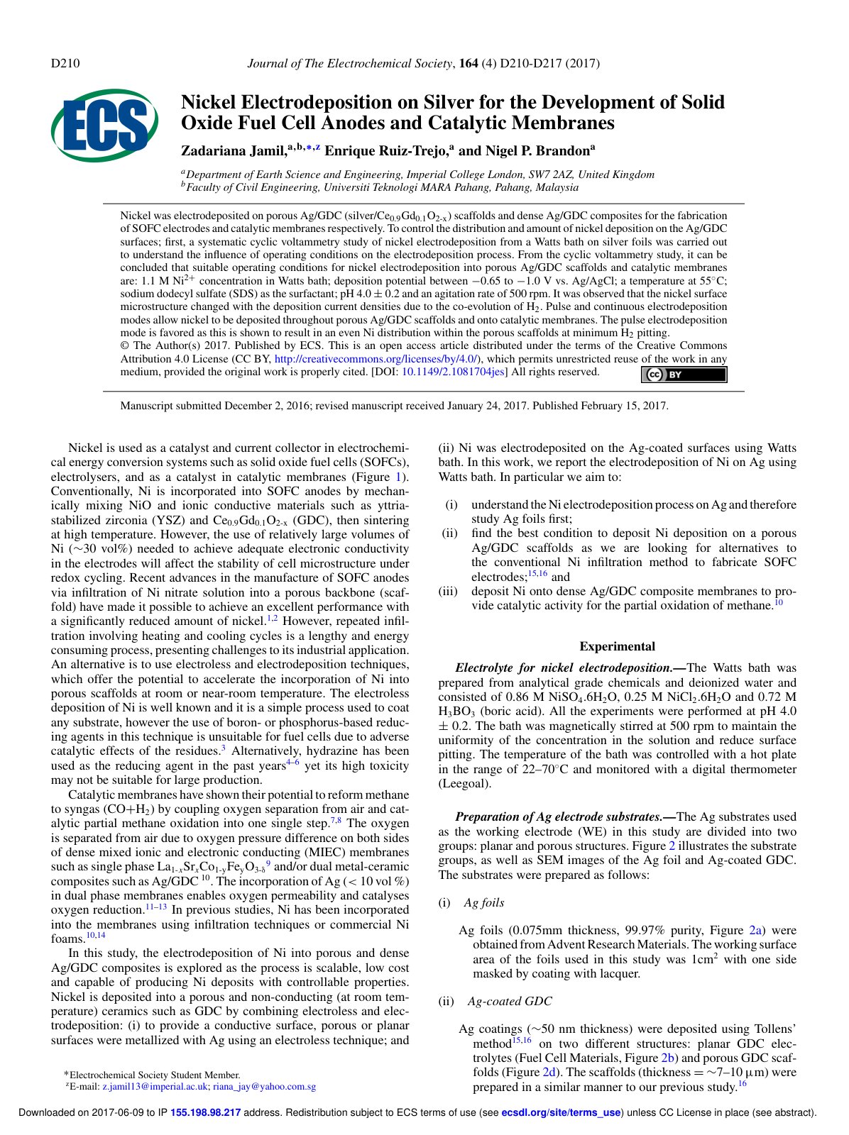 First page of Nickel Electrodeposition on Silver for the Development of Solid Oxide Fuel Cell Anodes and Catalytic Membranes