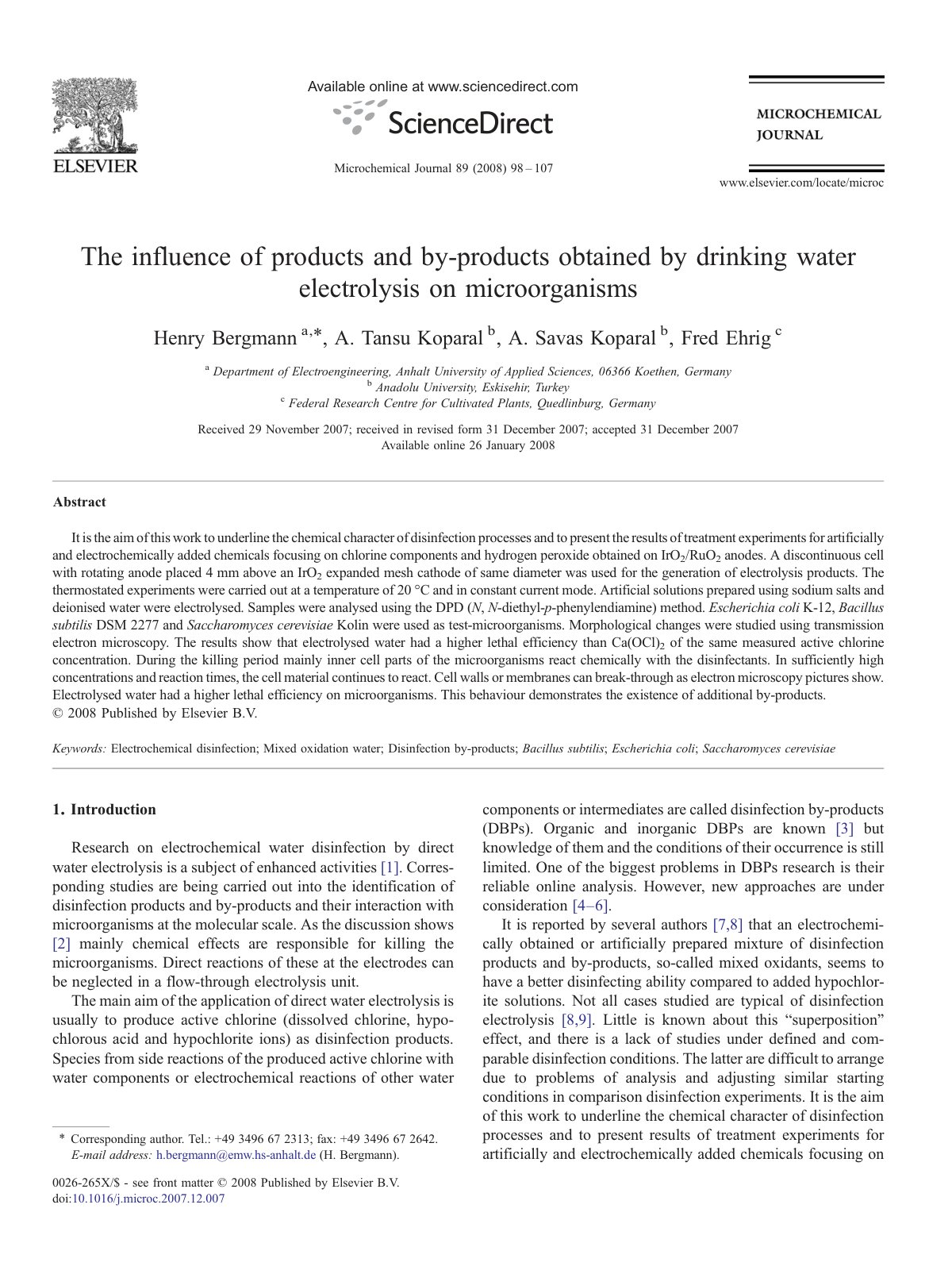 First page of The influence of products and by-products obtained by drinking water electrolysis on microorganisms