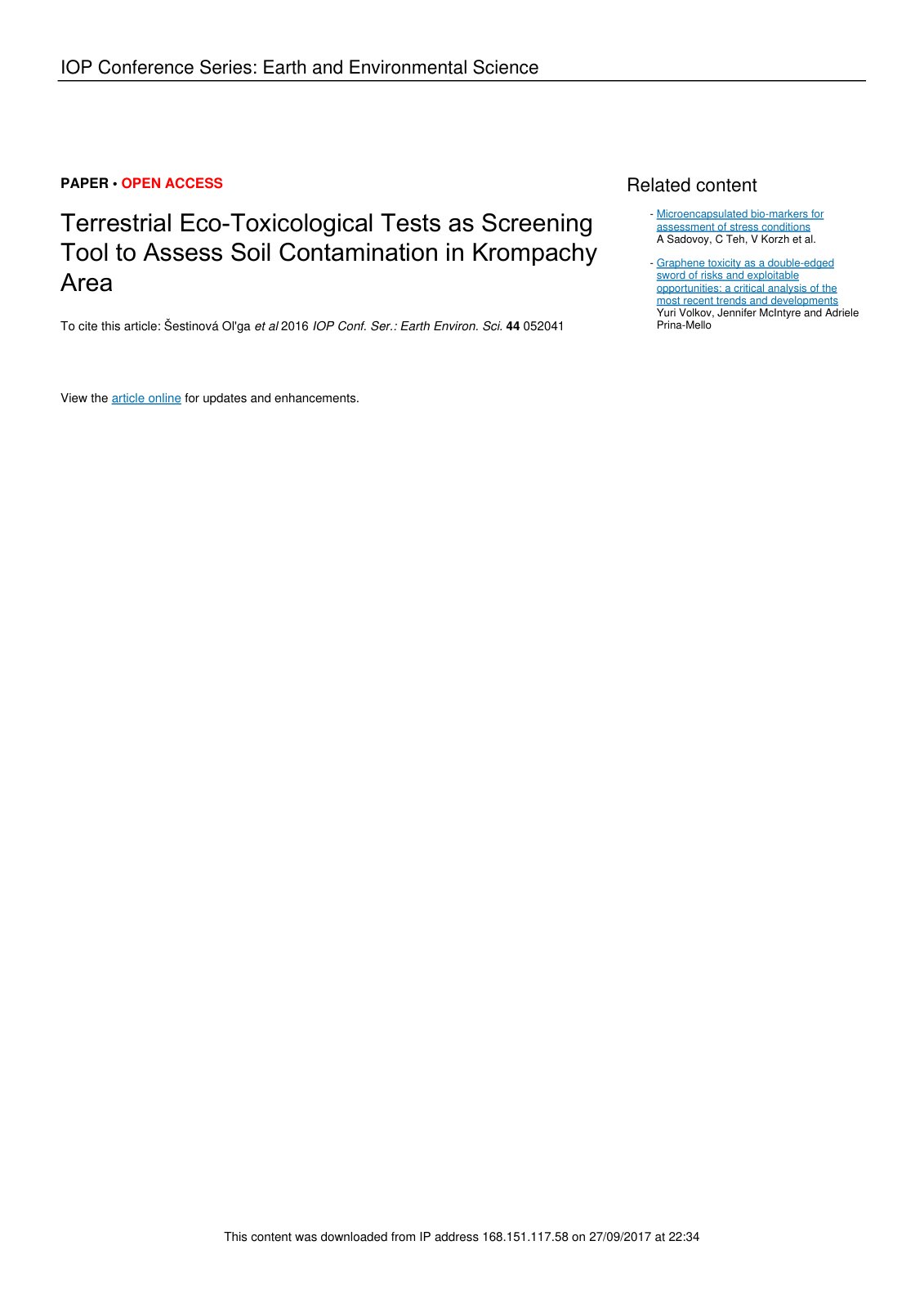 First page of Terrestrial Eco-Toxicological Tests as Screening Tool to Assess Soil Contamination in Krompachy Area