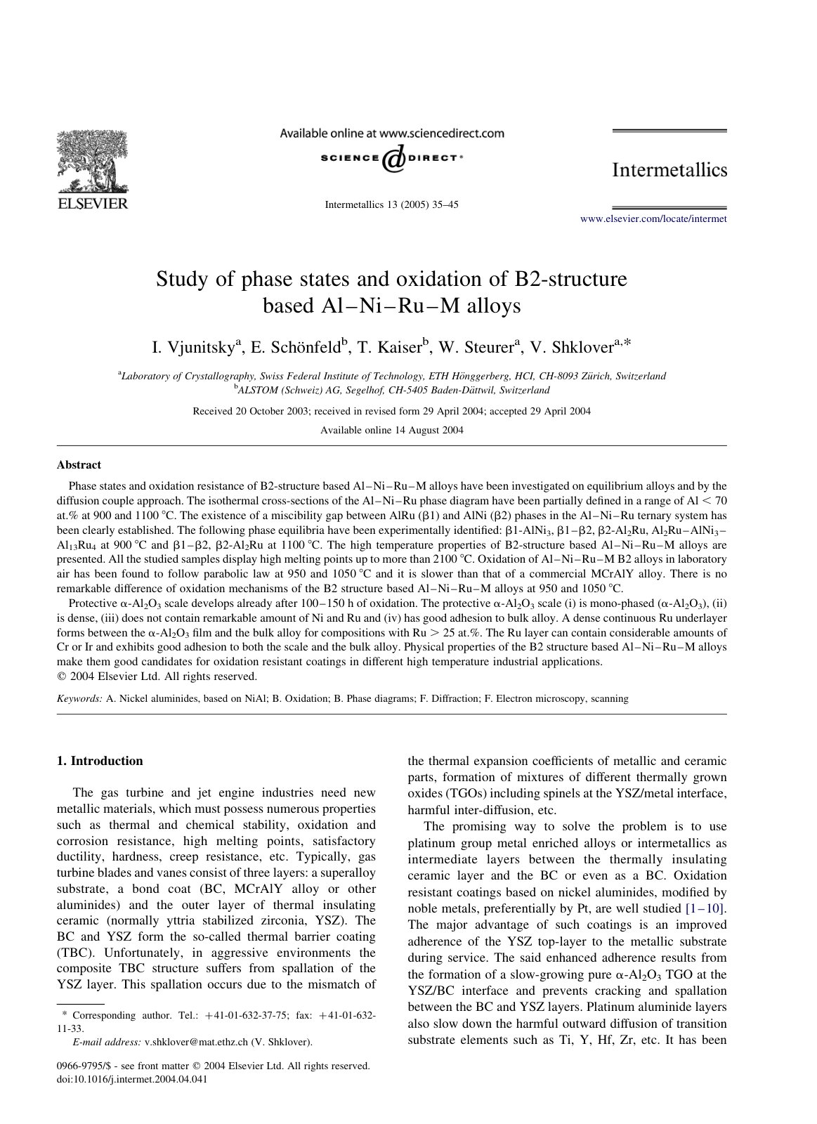 First page of Study of phase states and oxidation of B2-structure based Al–Ni–Ru–M alloys