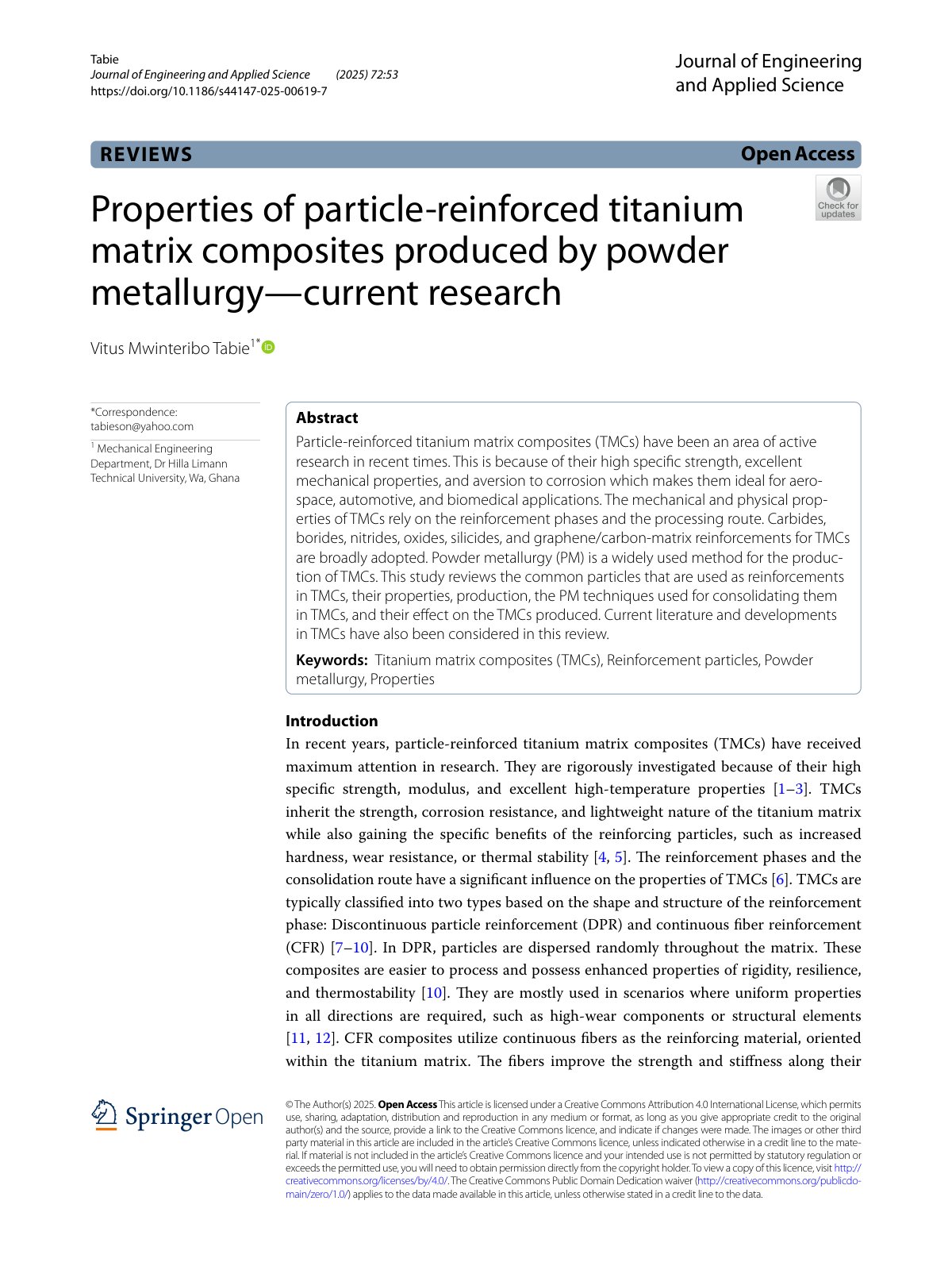 First page of 2025 Tabie Titanium Matrix Composites Review
