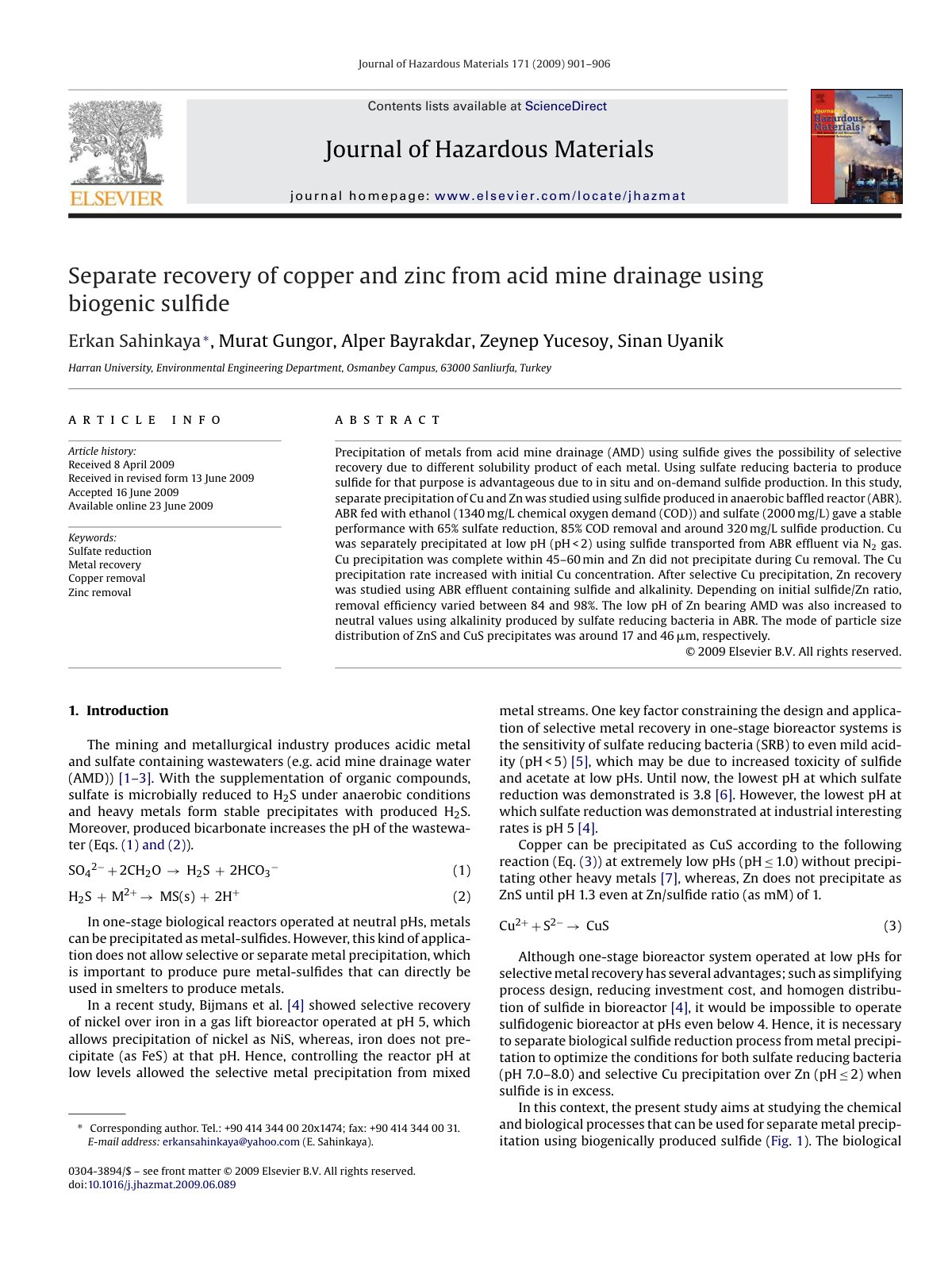 First page of Separate recovery of copper and zinc from acid mine drainage using biogenic sulfide