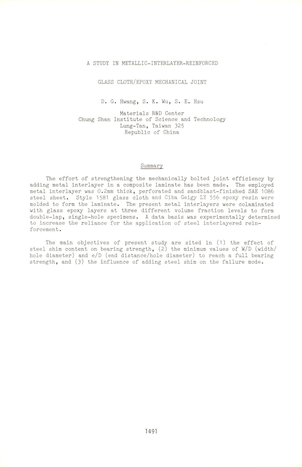 First page of A STUDY IN METALLIC-INTERLAYER-REINFORCED GLASS CLOTH/EPOXY MECHANICAL JOINT