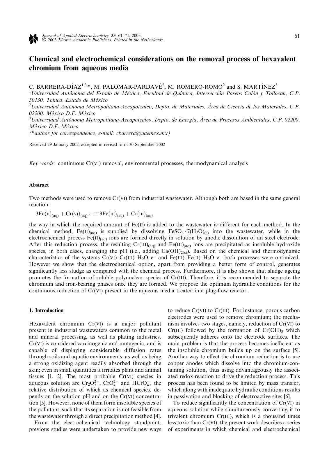 First page of Chemical and electrochemical considerations on the removal process of hexavalent chromium from aqueous media
