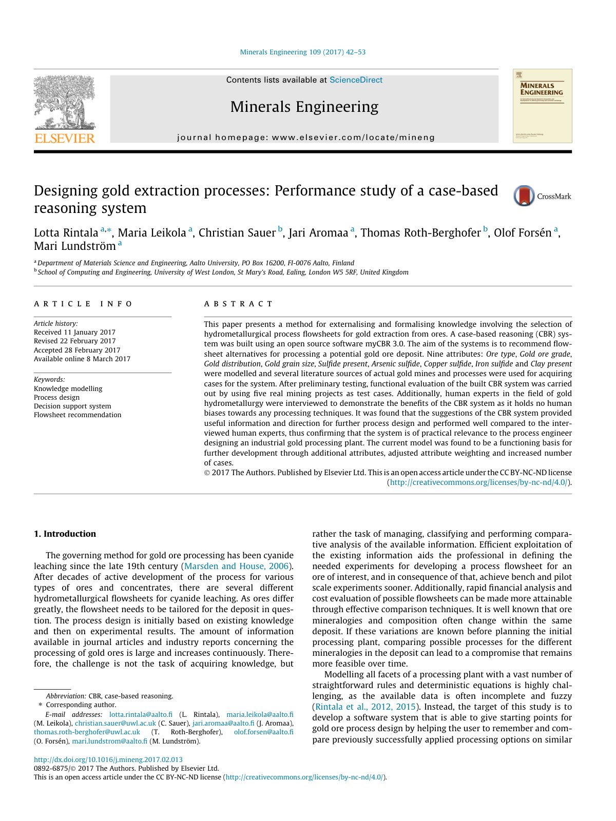 First page of Designing gold extraction processes Perf