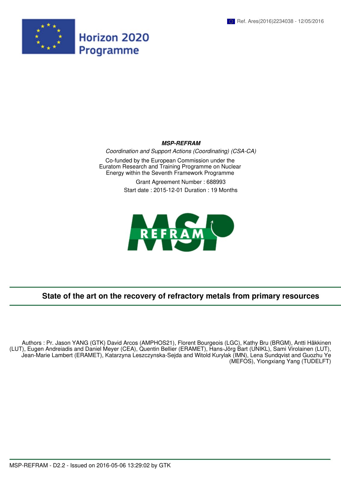 First page of State of the art on the recovery of refractory metals from primary resources