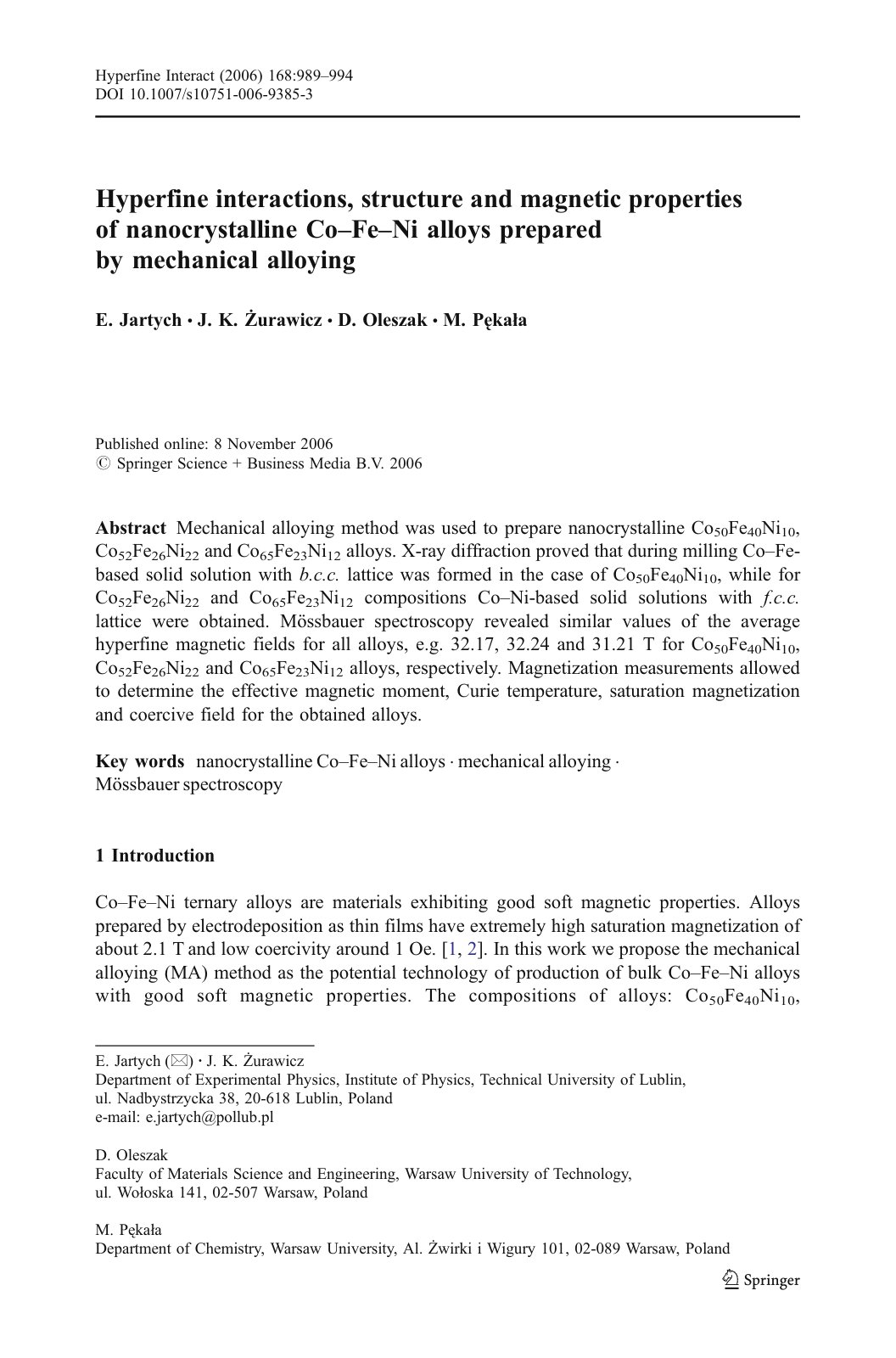 First page of Hyperfine interactions, structure and magnetic properties of nanocrystalline Co–Fe–Ni alloys prepared by mechanical alloying