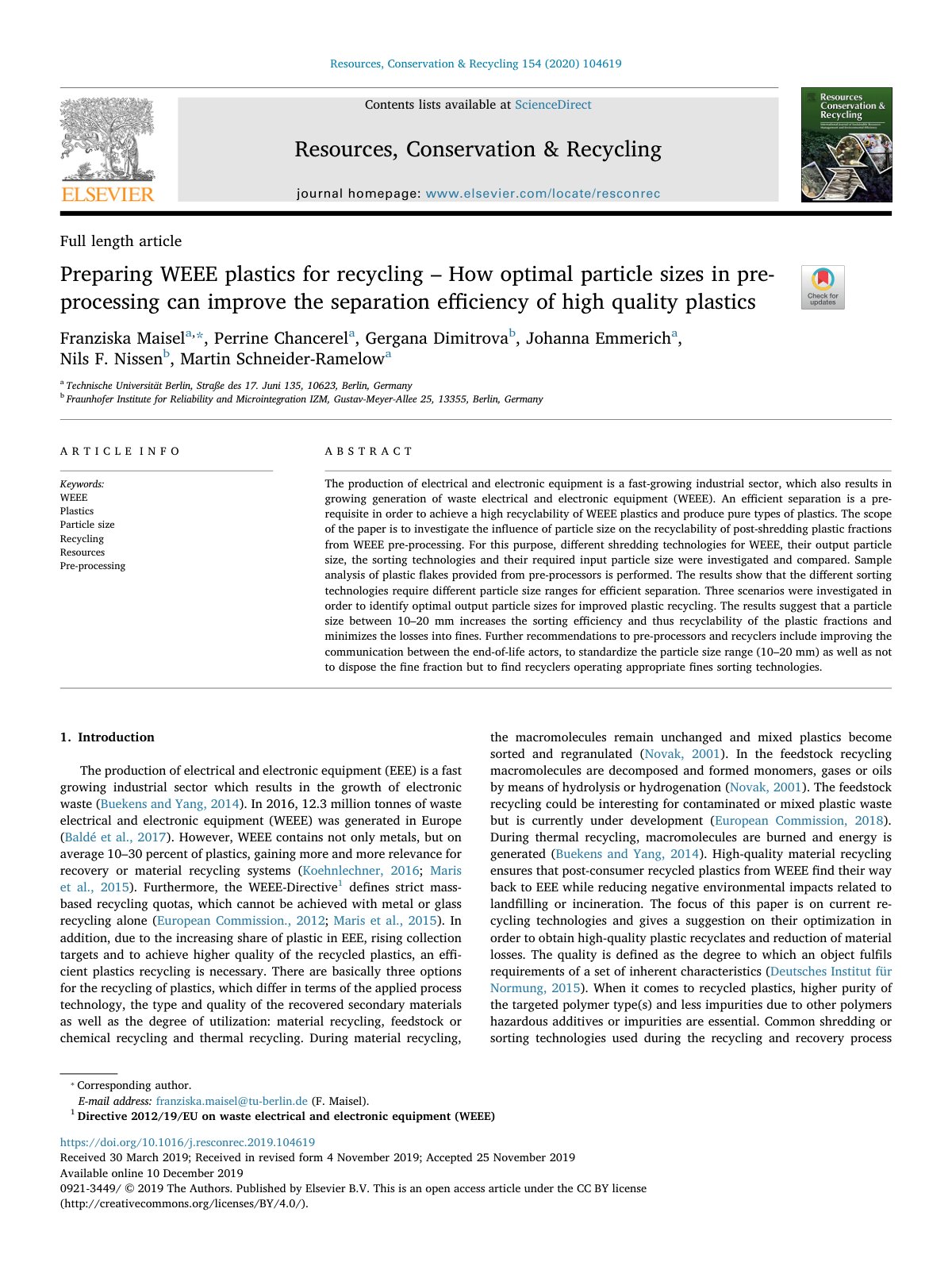 First page of Preparing WEEE plastics for recycling   How optimal part 2020 Resources  Con