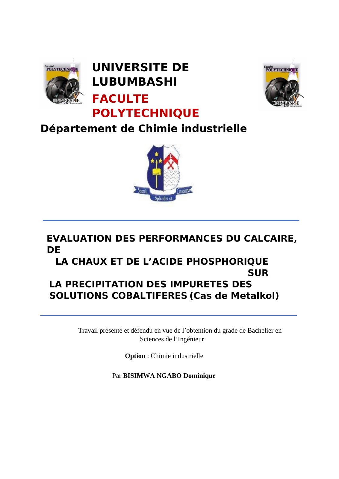 First page of EVALUATION DES PERFORMANCES DU CALCAIRE, DE LA CHAUX ET DE L’ACIDE PHOSPHORIQUE SUR LA PRECIPITATION DES IMPURETES DES SOLUTIONS COBALTIFERES (Cas de Metalkol)