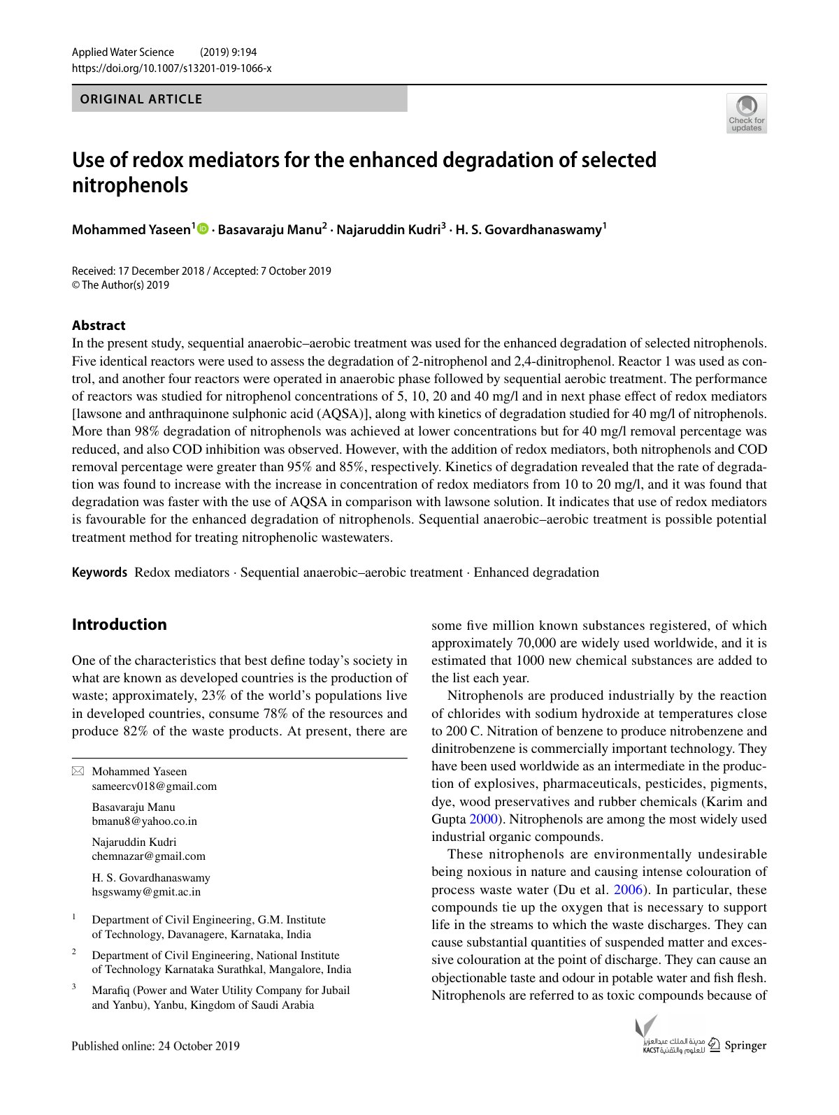 First page of Use of redox mediators for the enhanced degradation of selected nitrophenols