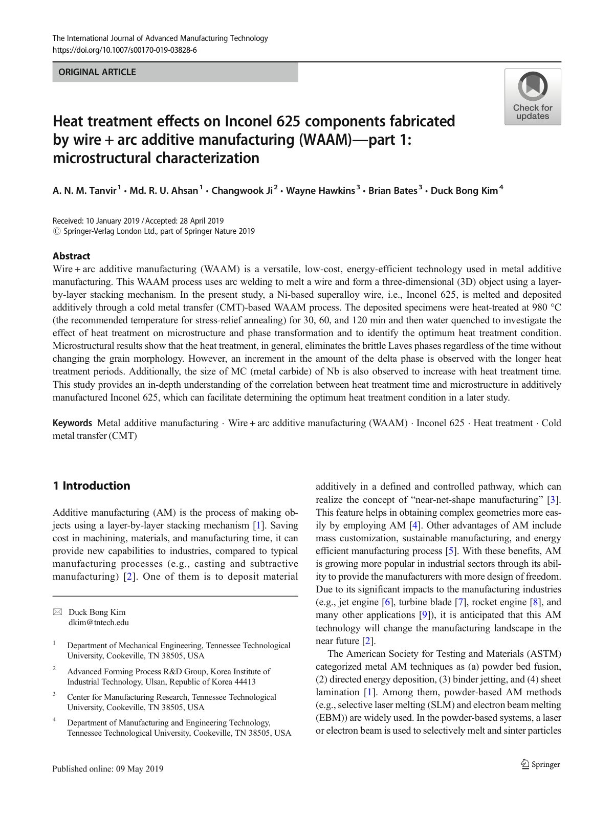 First page of Heat treatment effects on Inconel 625 components fabricated by wire + arc additive manufacturing (WAAM)— part 1: microstructural characterization