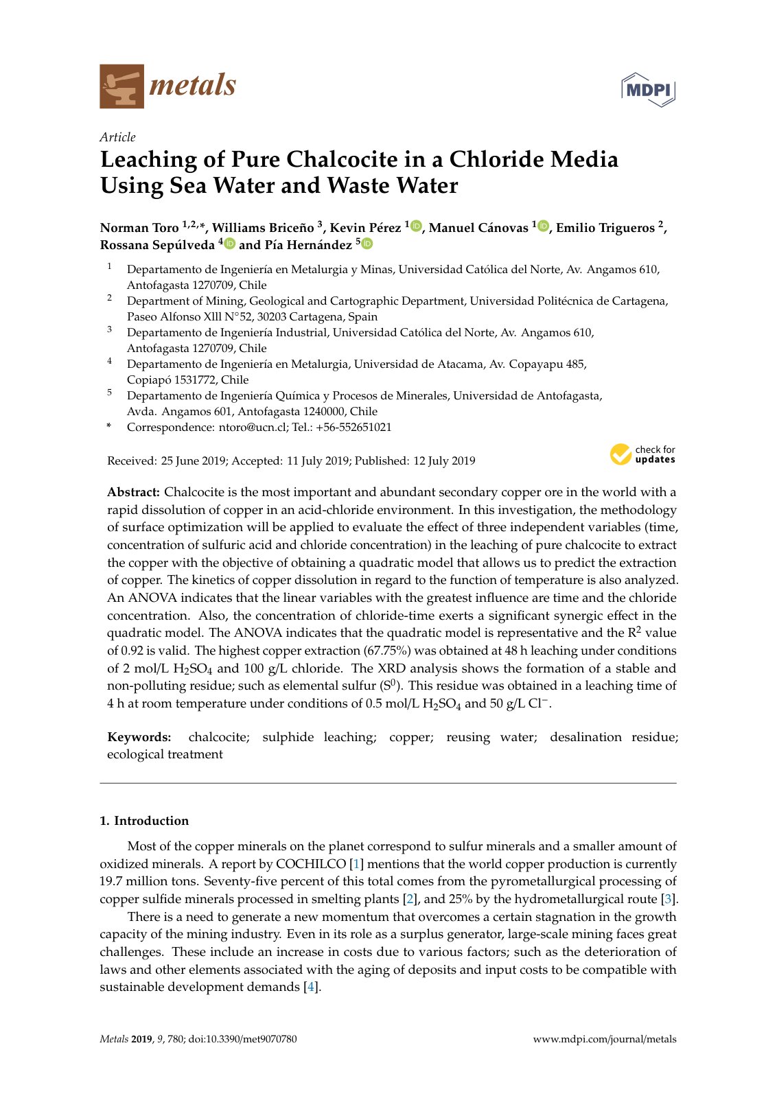 First page of Leaching of Pure Chalcocite in a Chloride Media Using Sea Water and Waste Water