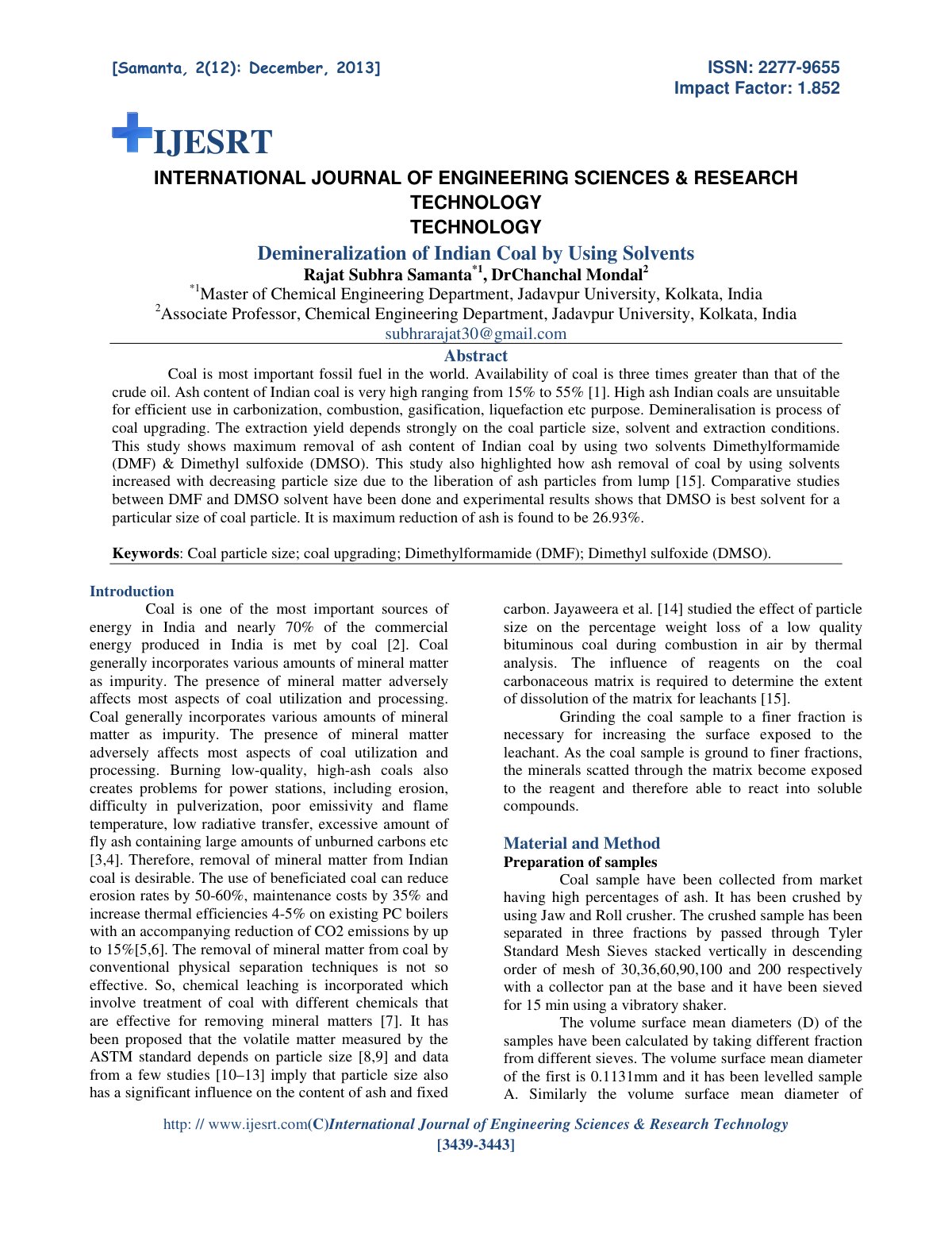 First page of Demineralization of Indian Coal by Using