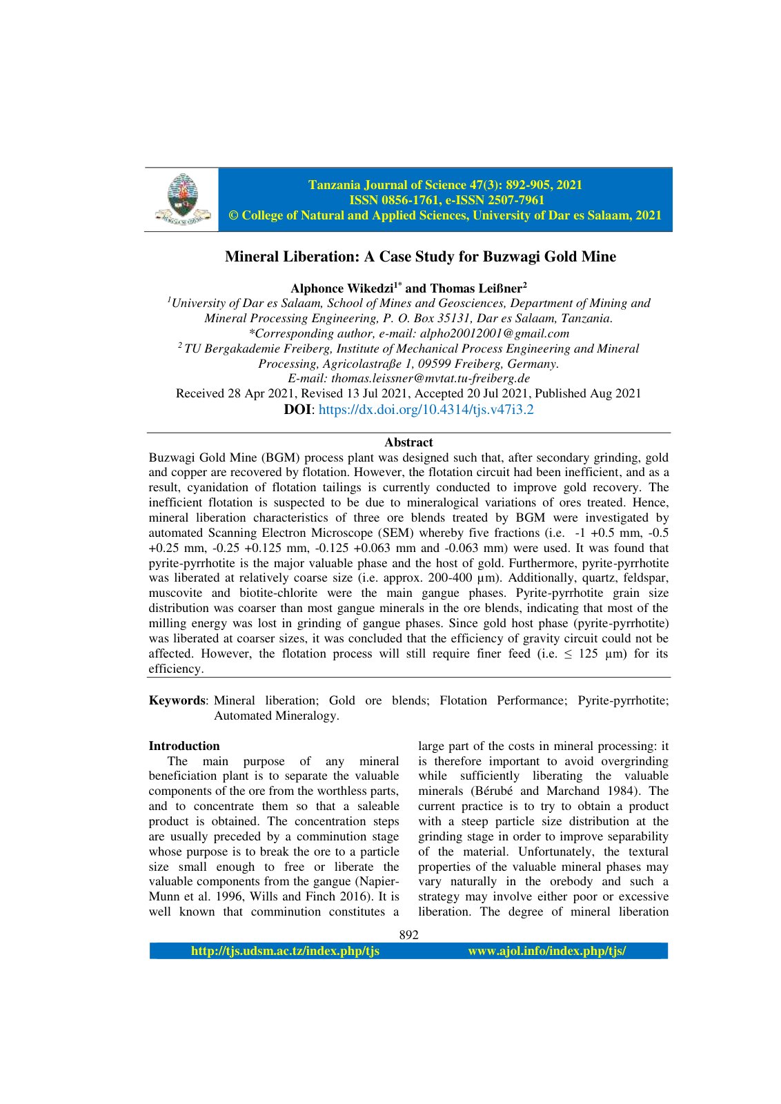 First page of Mineral Liberation: A Case Study for Buzwagi Gold Mine