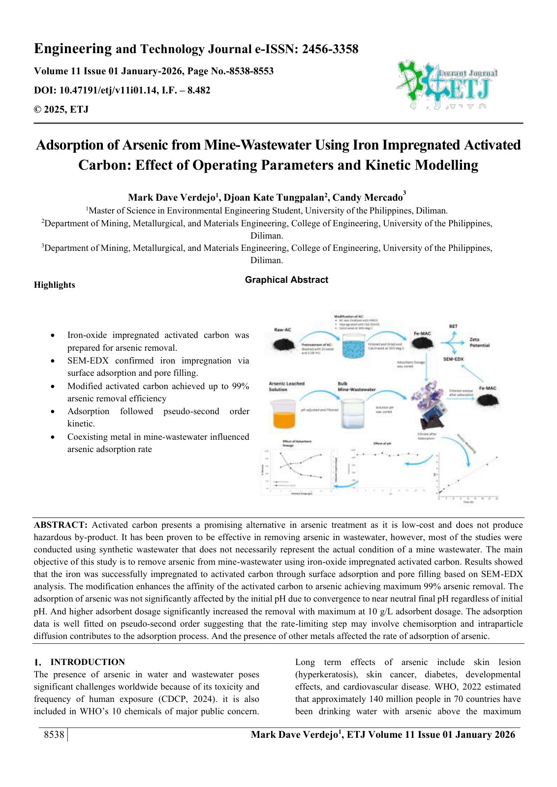 First page of Adsorption of Arsenic from Mine-Wastewater Using Iron Impregnated Activated  Carbon: Effect of Operating Parameters and Kinetic Modelling  