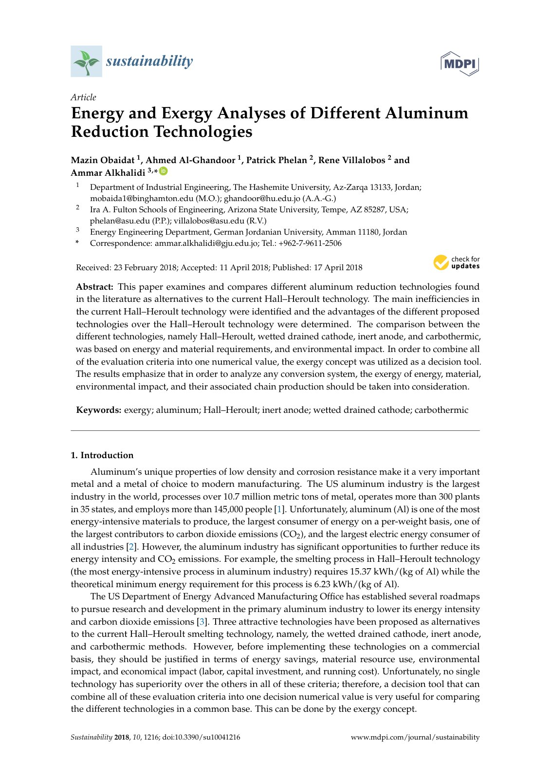First page of Energy and Exergy Analyses of Different