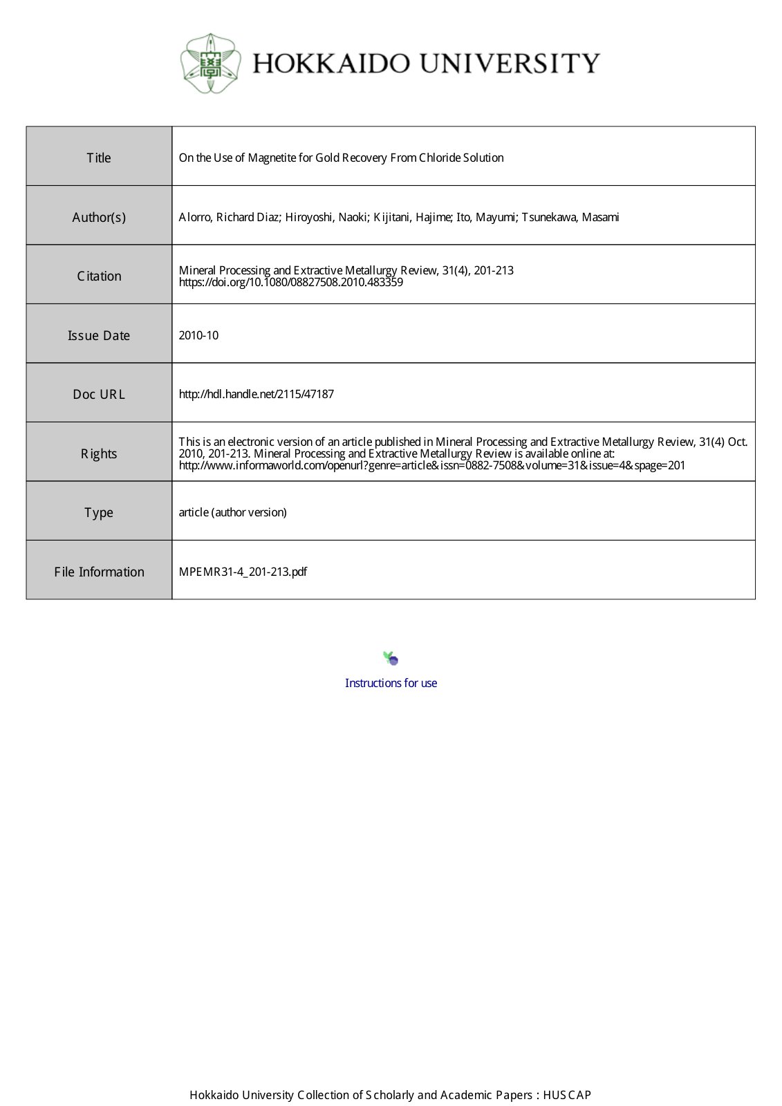 First page of On the Use of Magnetite for Gold Recover