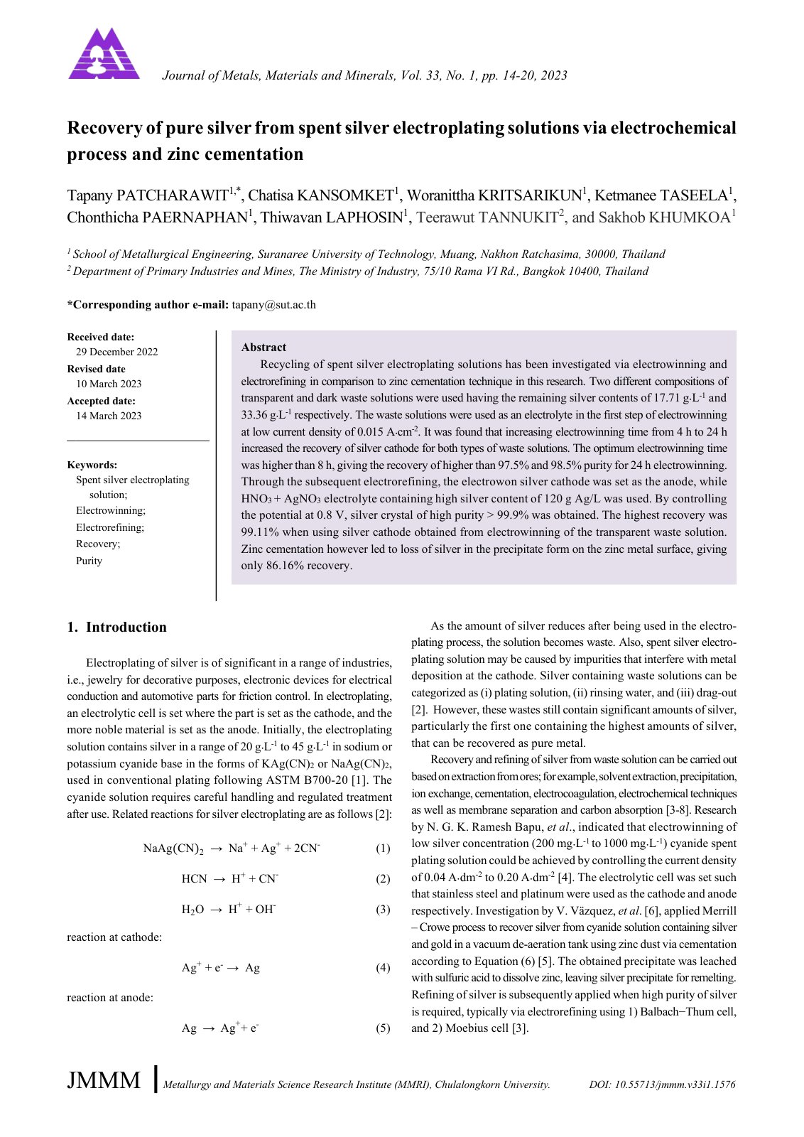 First page of Recovery of pure silver from spent silver electroplating solutions via electrochemical process and zinc cementation