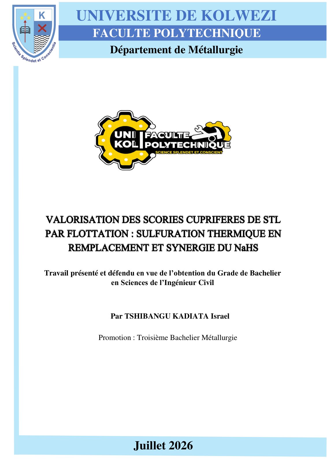 First page of Valorisation des scories cuprifères par flottation