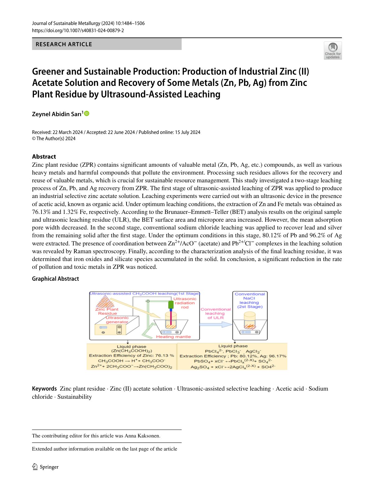 First page of 2024   Sari   Ultrasound assisted leaching of zinc plant residue