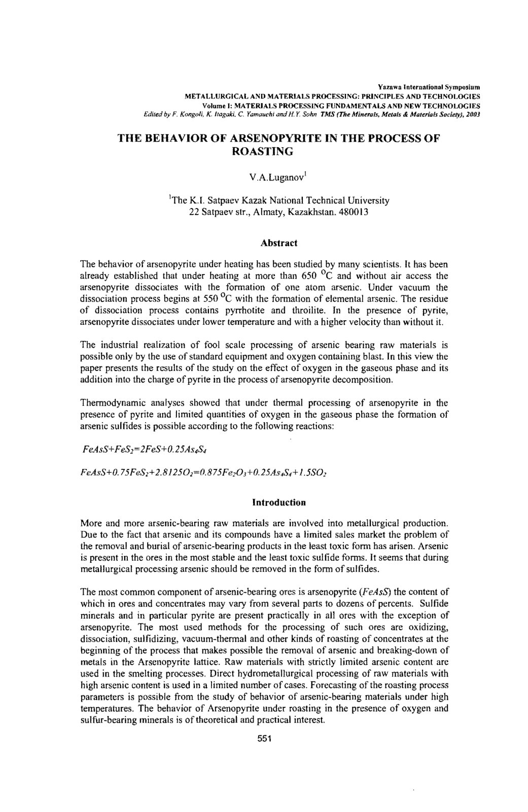 First page of The Behavior of Arsenopyrite in the Process of Roasting