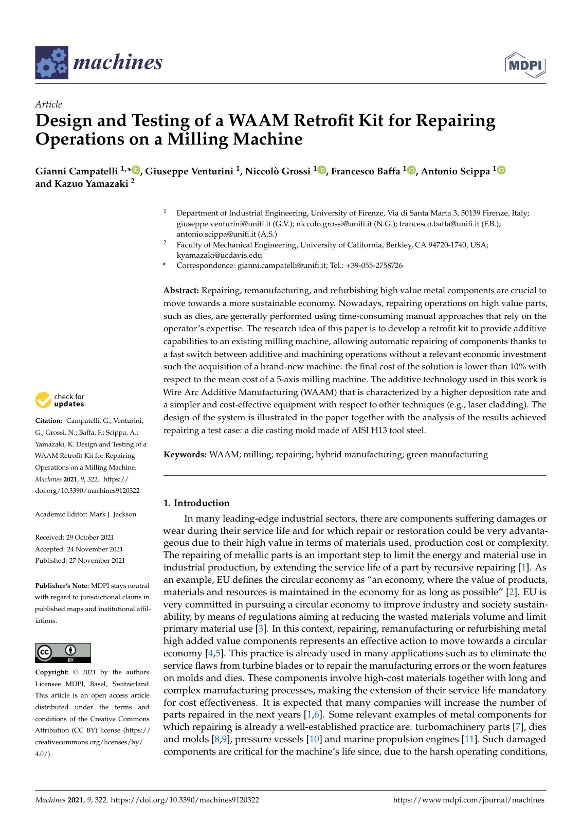 First page of Design and T esting of a W AAM Retroﬁt Kit for Repairing Operations on a Milling Machine